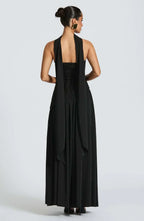 Women's Strapless Bodycon Maxi Dress with Draped Skirt and Split