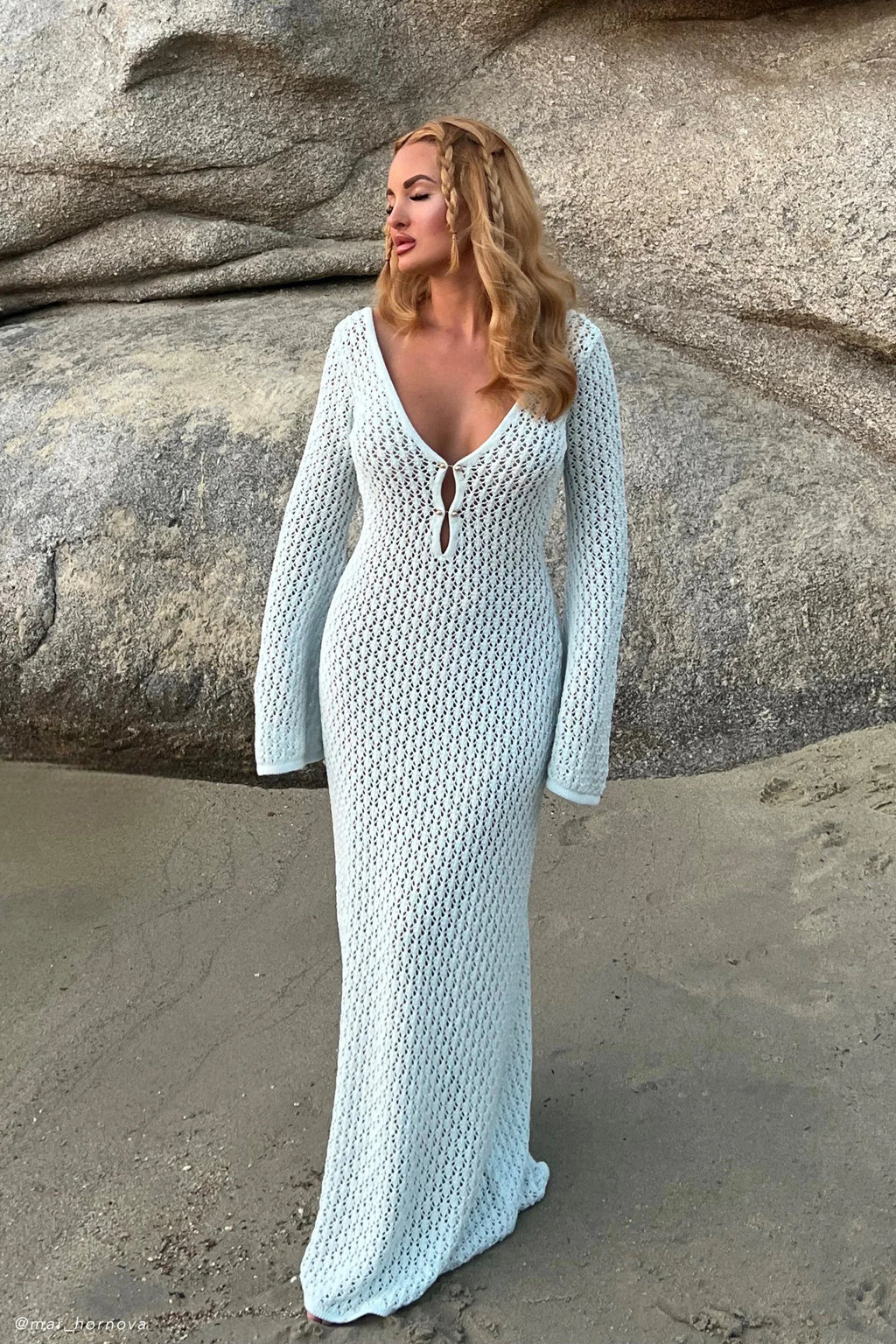 Long Sleeve Crochet Knit Maxi Dress Women