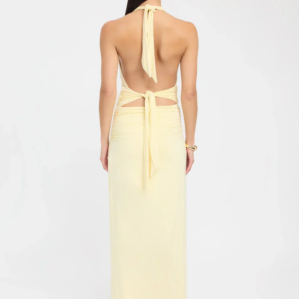 Women's Deep V Halter Maxi Dress Open Back Fitted Style