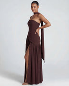 Women's Maxi Dress with Strapless Neckline and High Side Split