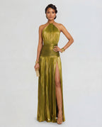 Women's Halter Maxi Dress with High Split and Pleated Skirt