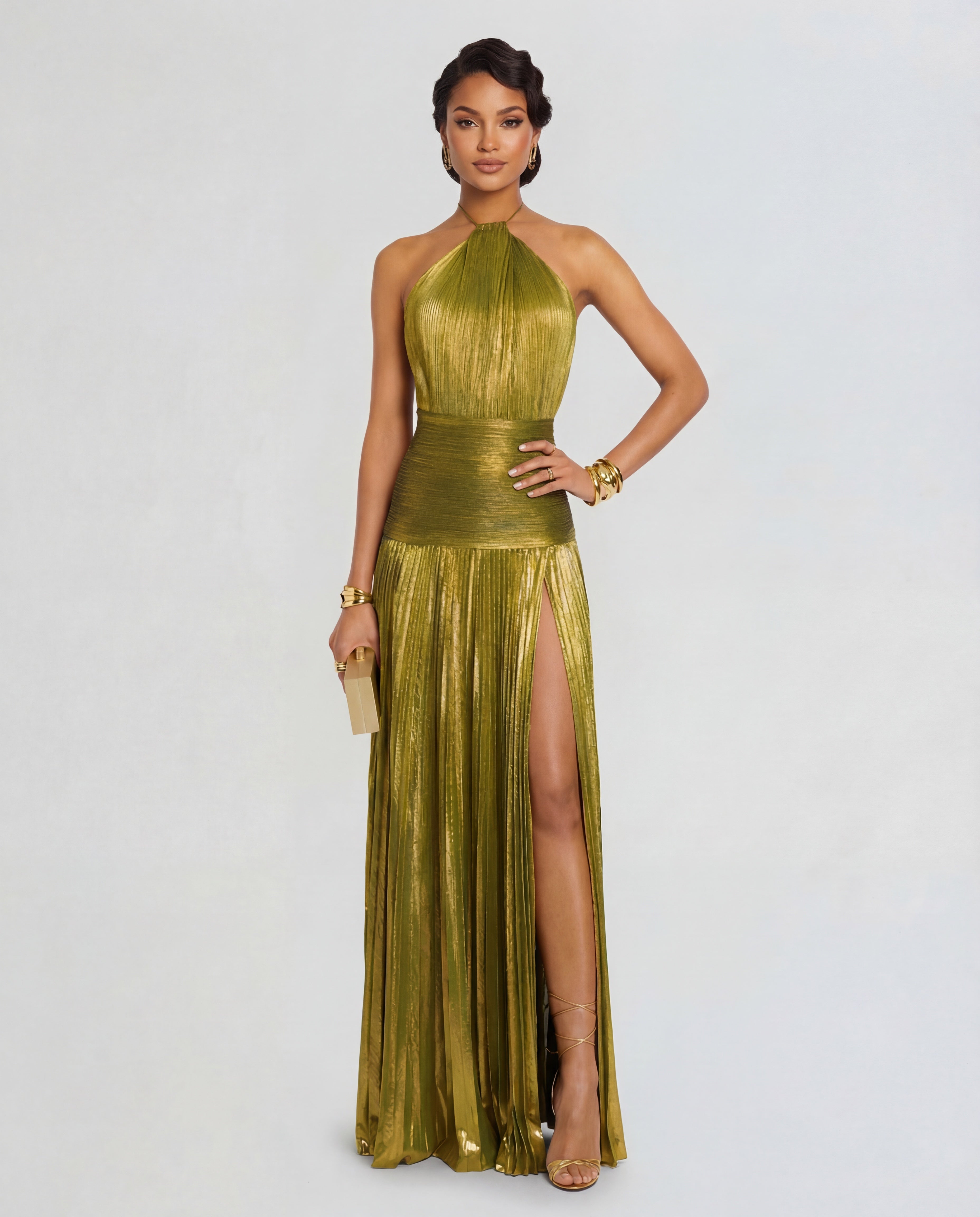 Women's Halter Maxi Dress with High Split and Pleated Skirt