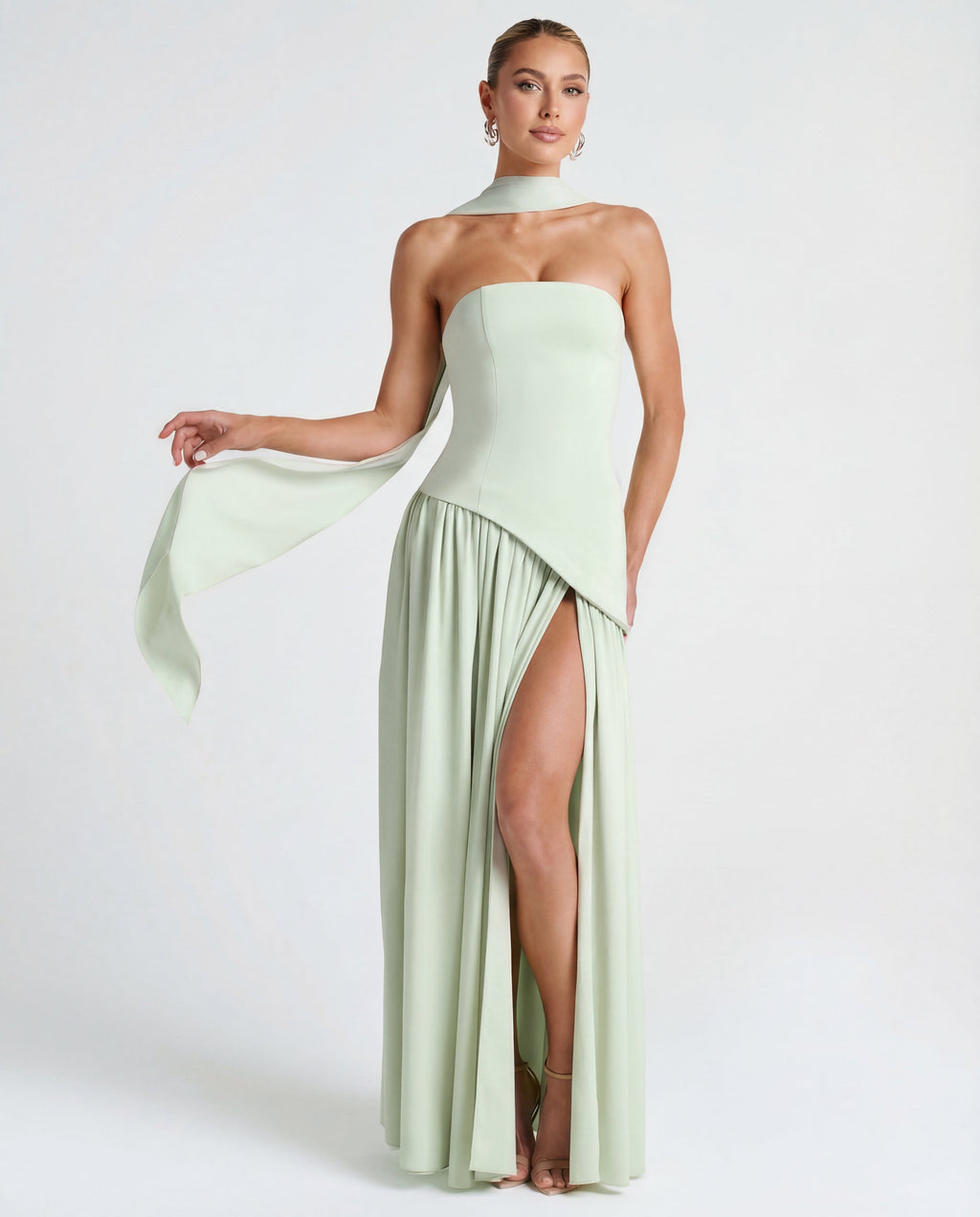 Women's Maxi Dress with Strapless Neckline and High Side Split