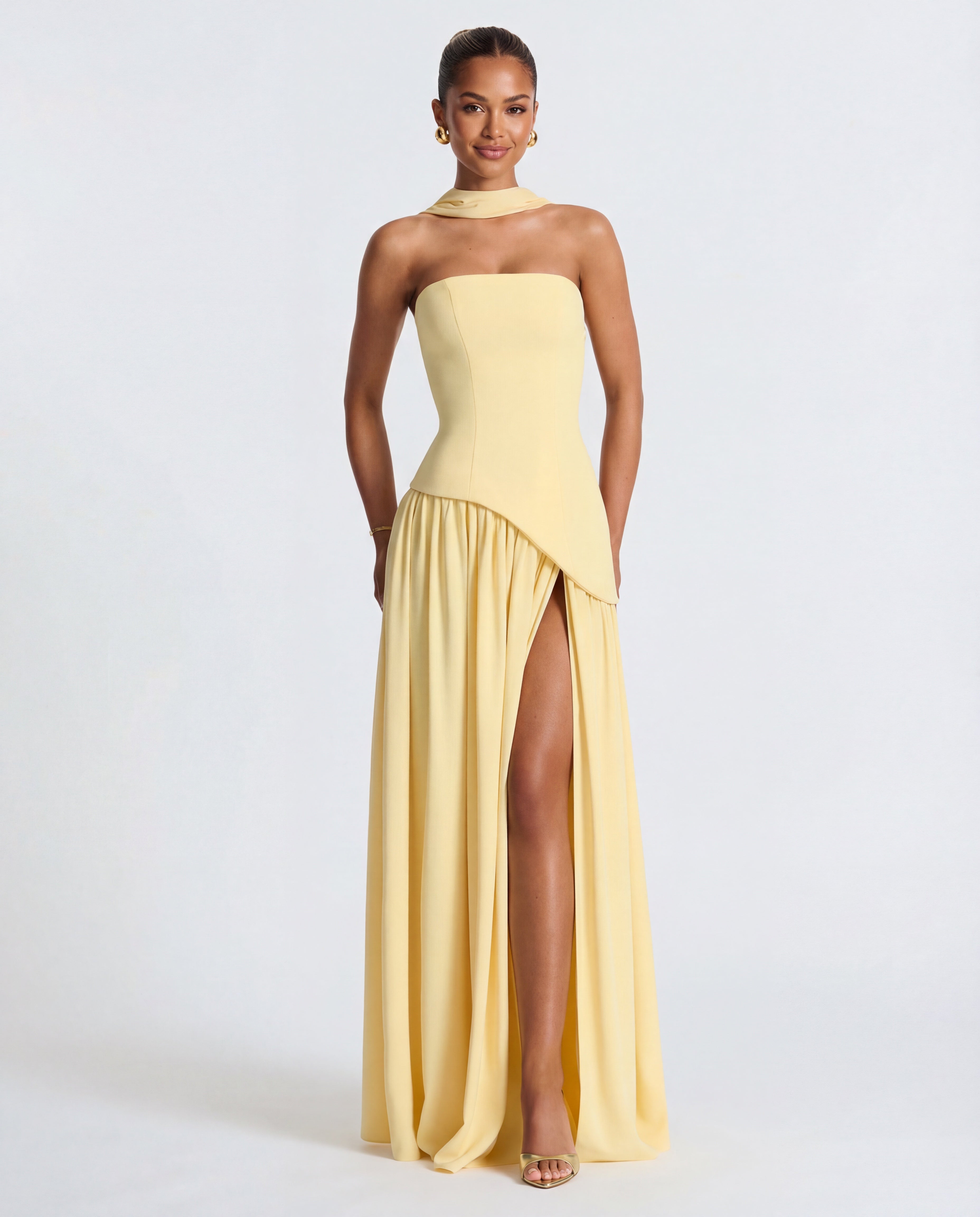 Women's Maxi Dress with Strapless Neckline and High Side Split