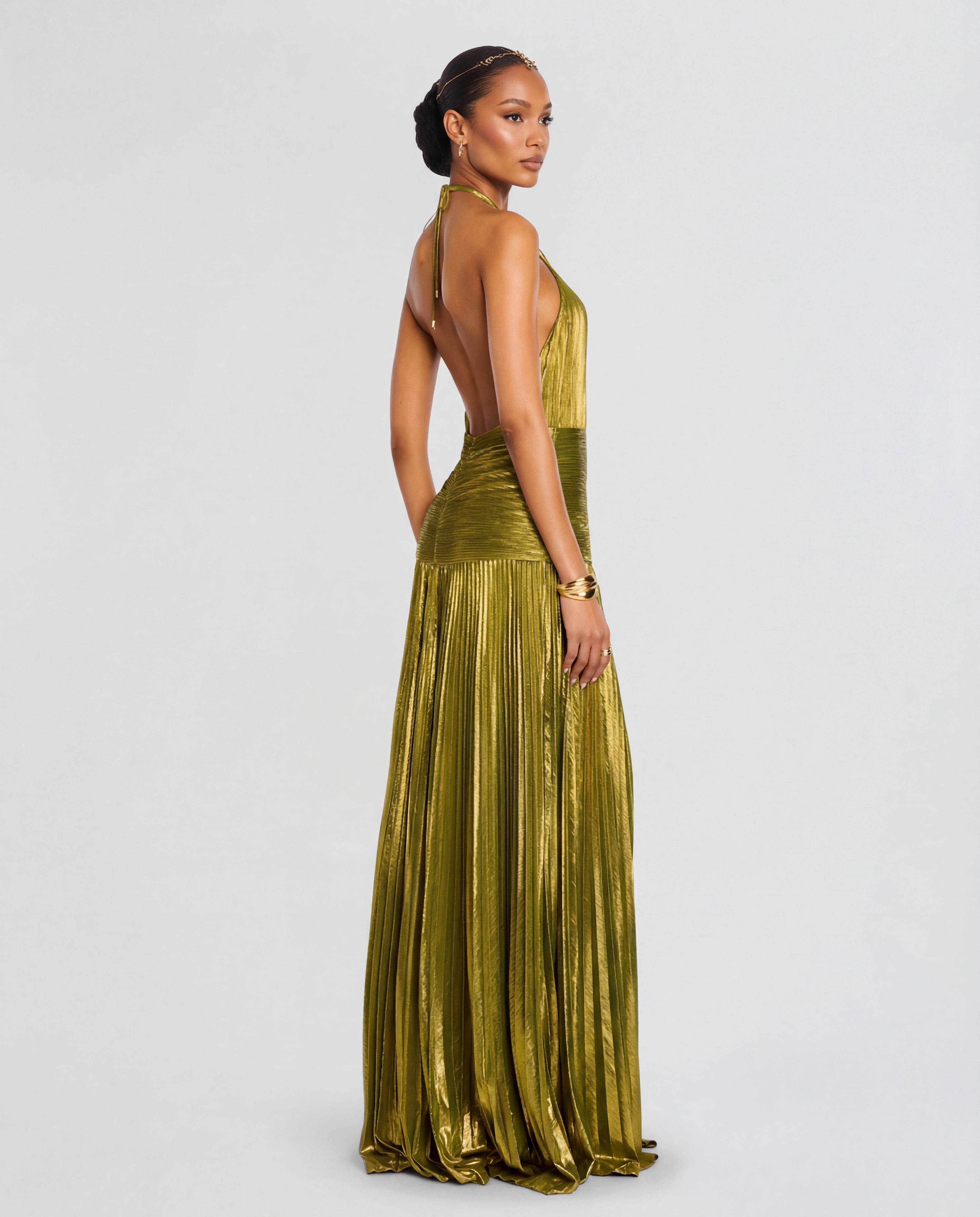 Women's Halter Maxi Dress with High Split and Pleated Skirt