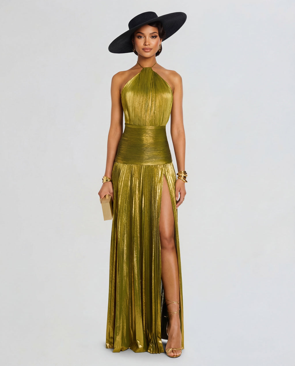Women's Halter Maxi Dress with High Split and Pleated Skirt