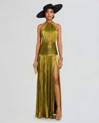 Women's Halter Maxi Dress with High Split and Pleated Skirt