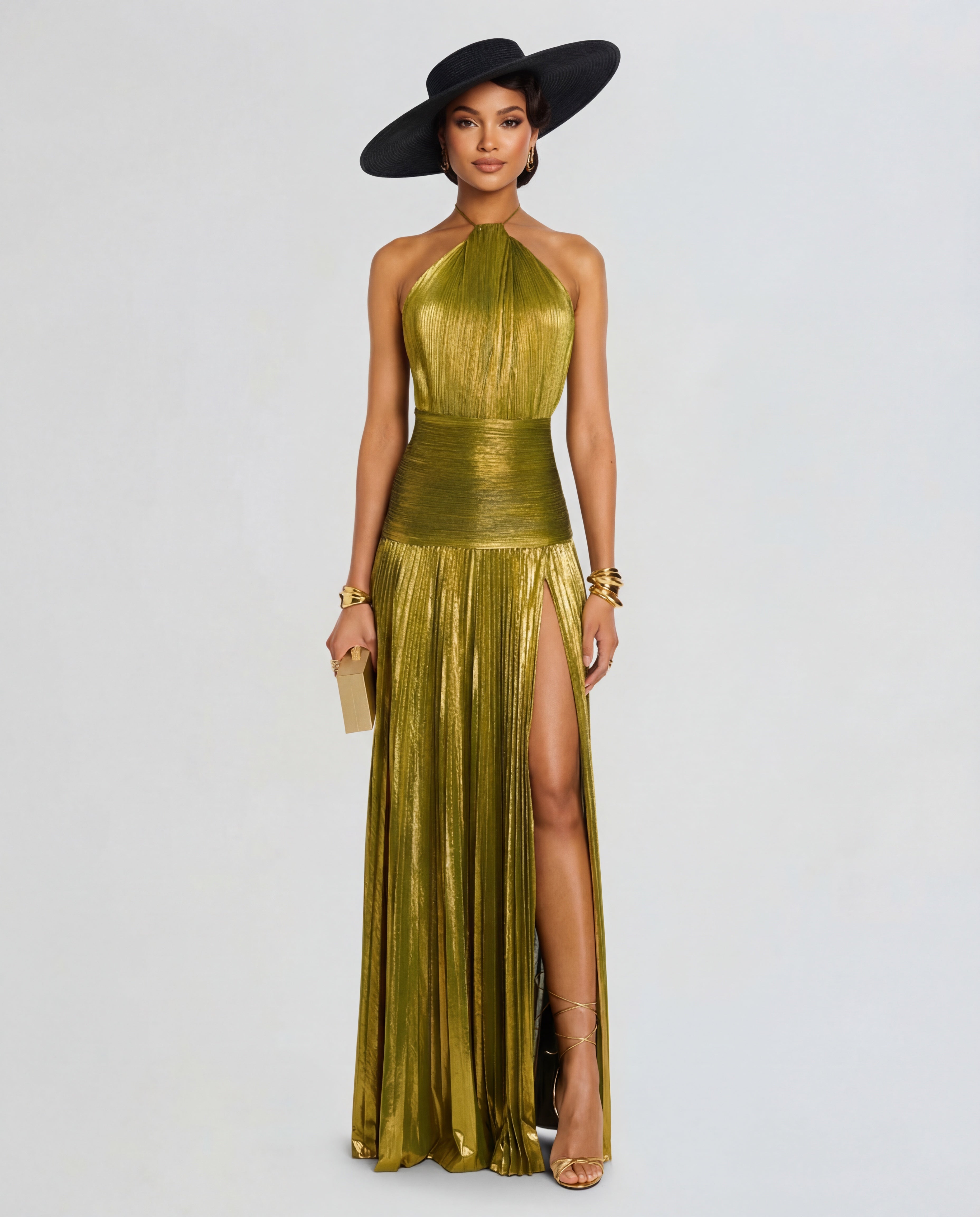 Women's Halter Maxi Dress with High Split and Pleated Skirt