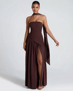 Women's Maxi Dress with Strapless Neckline and High Side Split