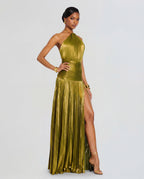 Women's Halter Maxi Dress with High Split and Pleated Skirt