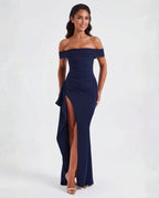Women's Bodycon Off Shoulder Maxi Dress with Draped Front