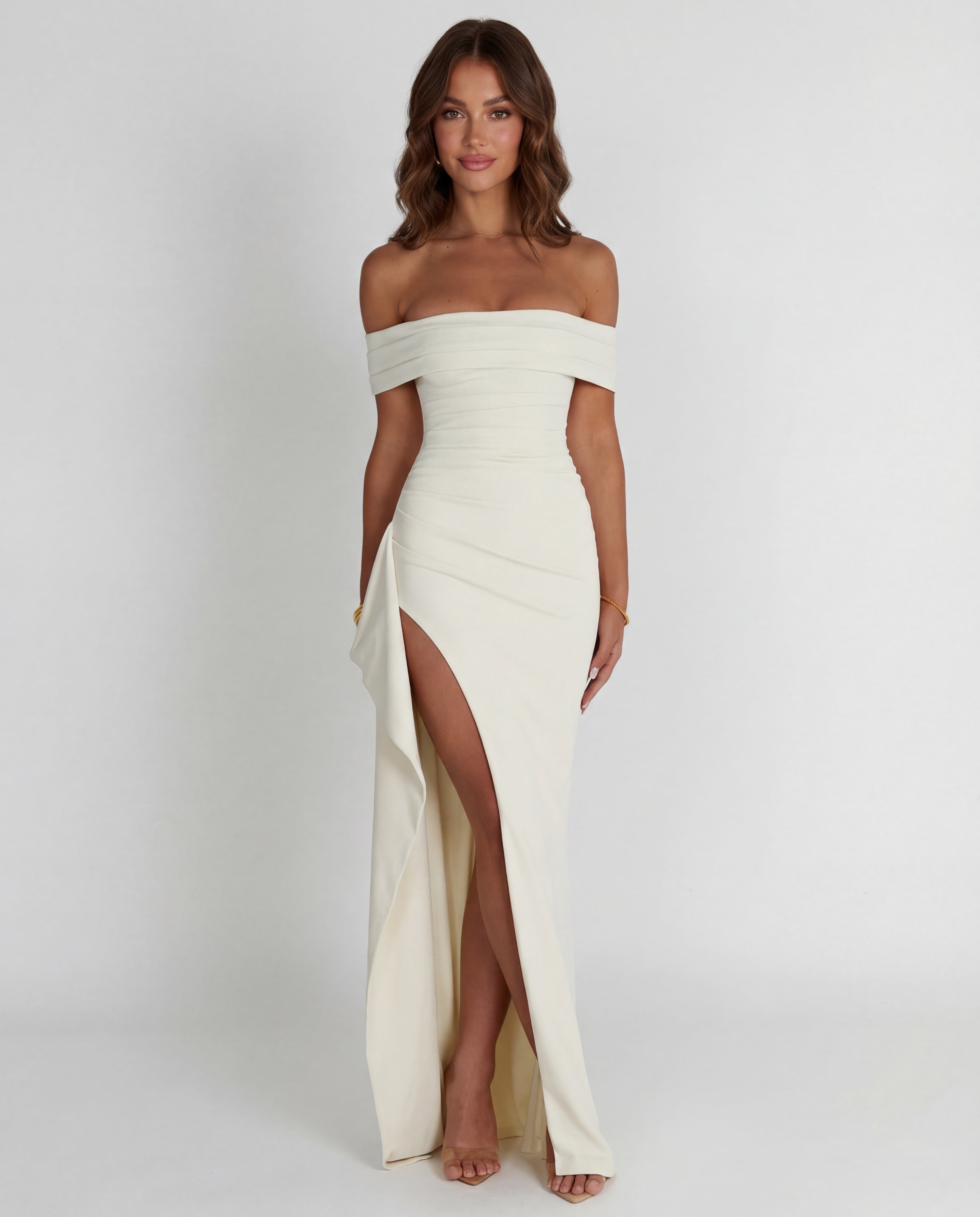 Women's Bodycon Off Shoulder Maxi Dress with Draped Front