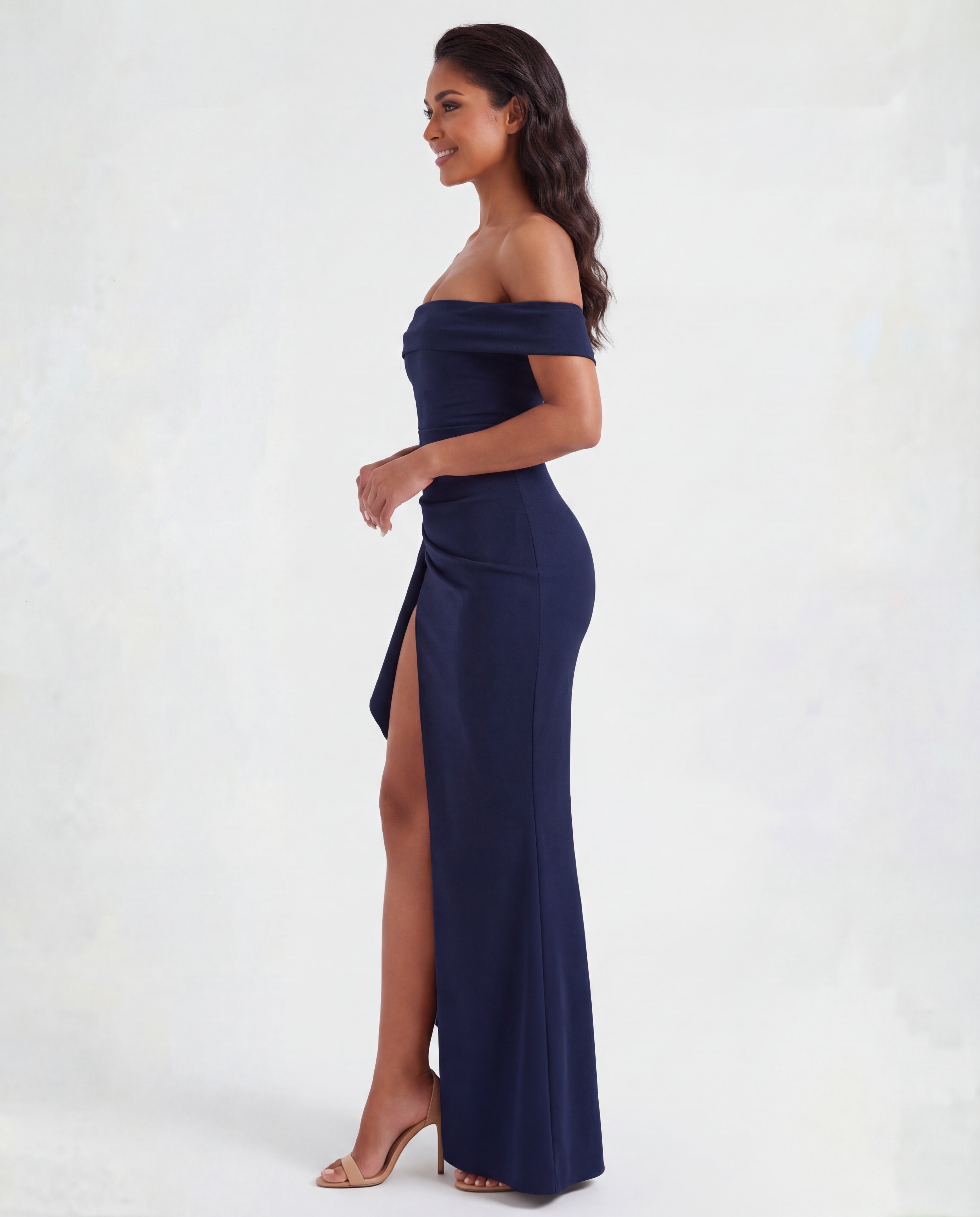 Women's Bodycon Off Shoulder Maxi Dress with Draped Front
