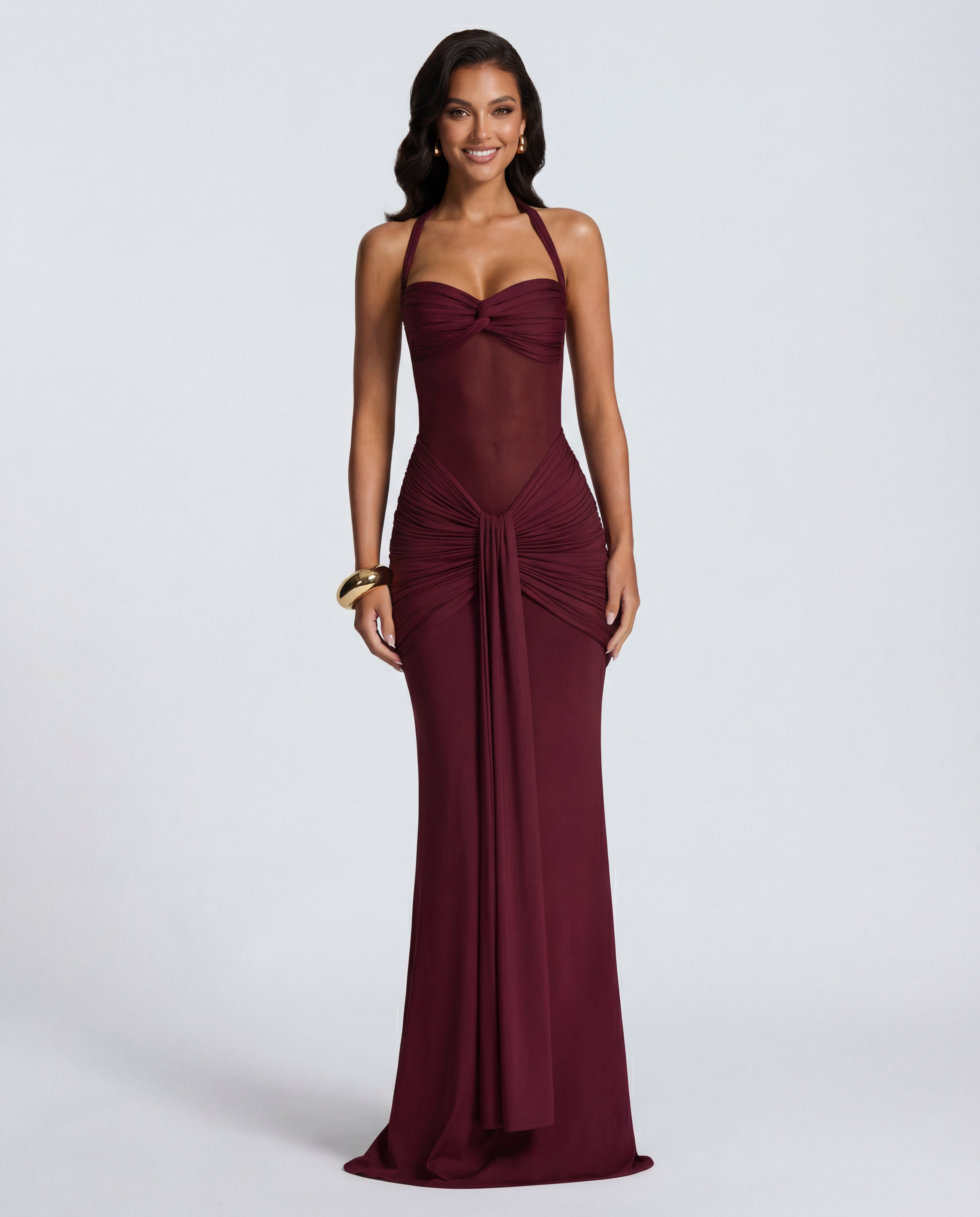 Women's Bodycon Halter Neck Maxi Dress with Sheer Panel Detail