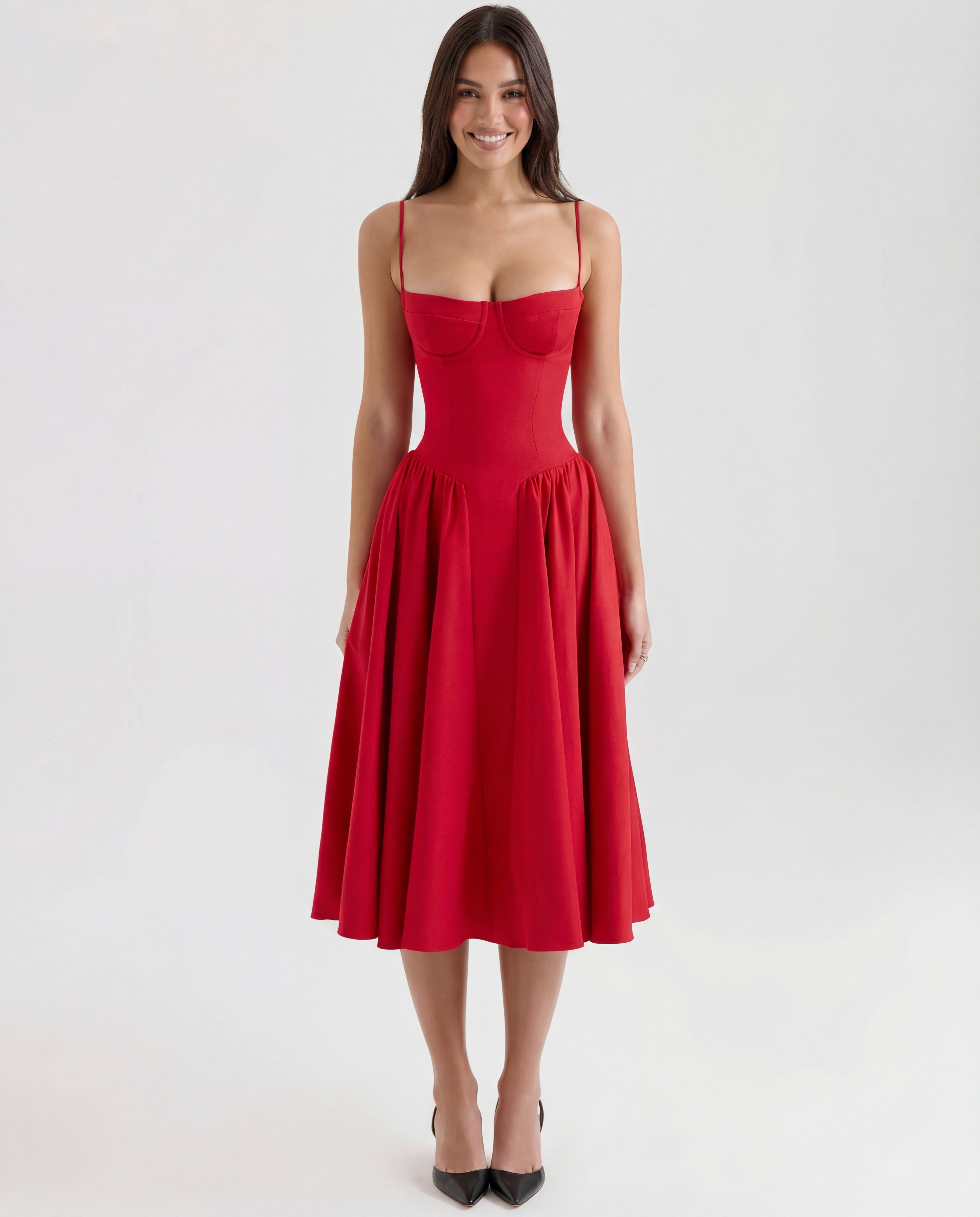 Full Skirt Cami Midi Dress With Straps