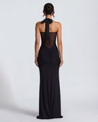 Women's Bodycon Halter Neck Maxi Dress with Sheer Panel Detail