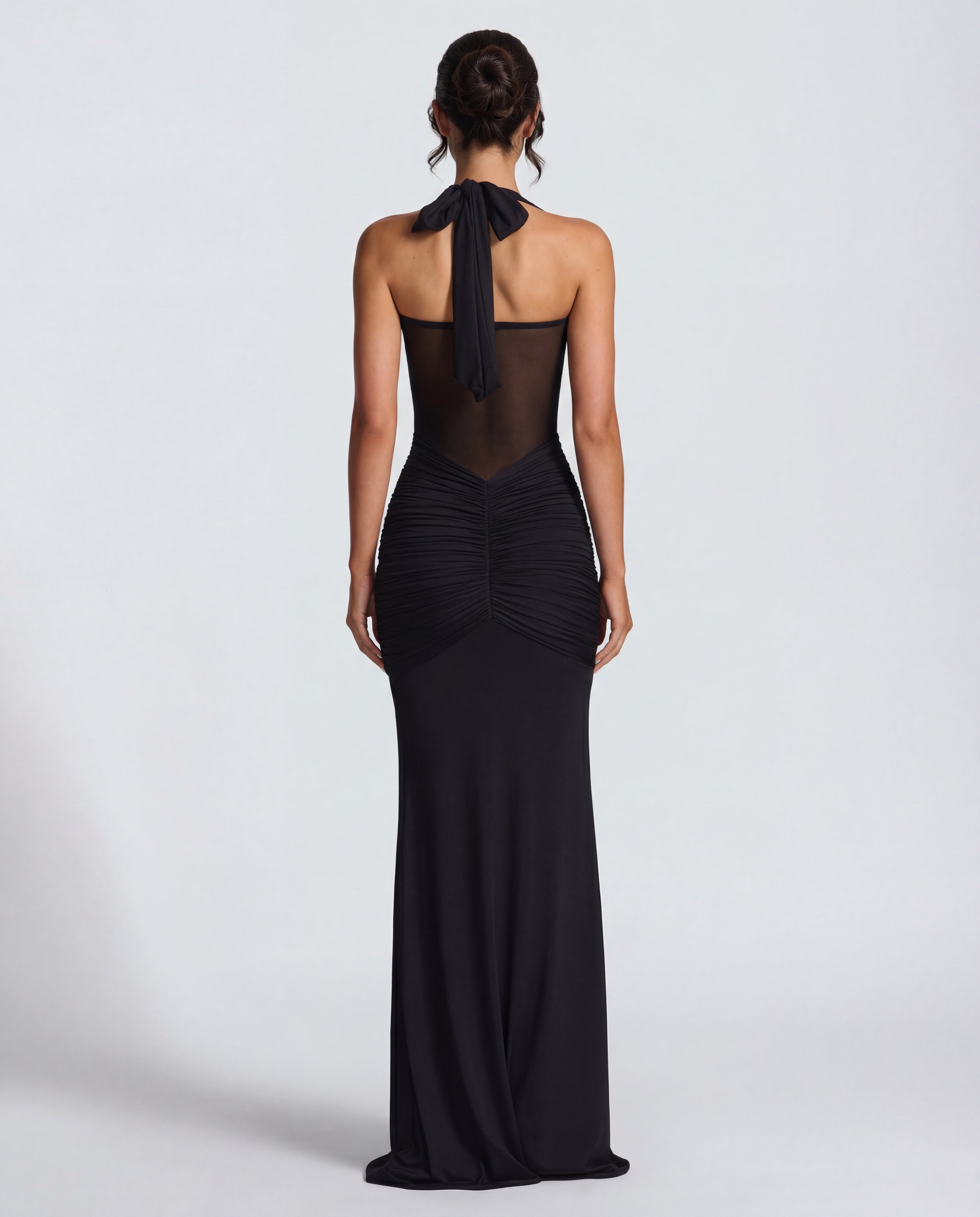 Women's Bodycon Halter Neck Maxi Dress with Sheer Panel Detail
