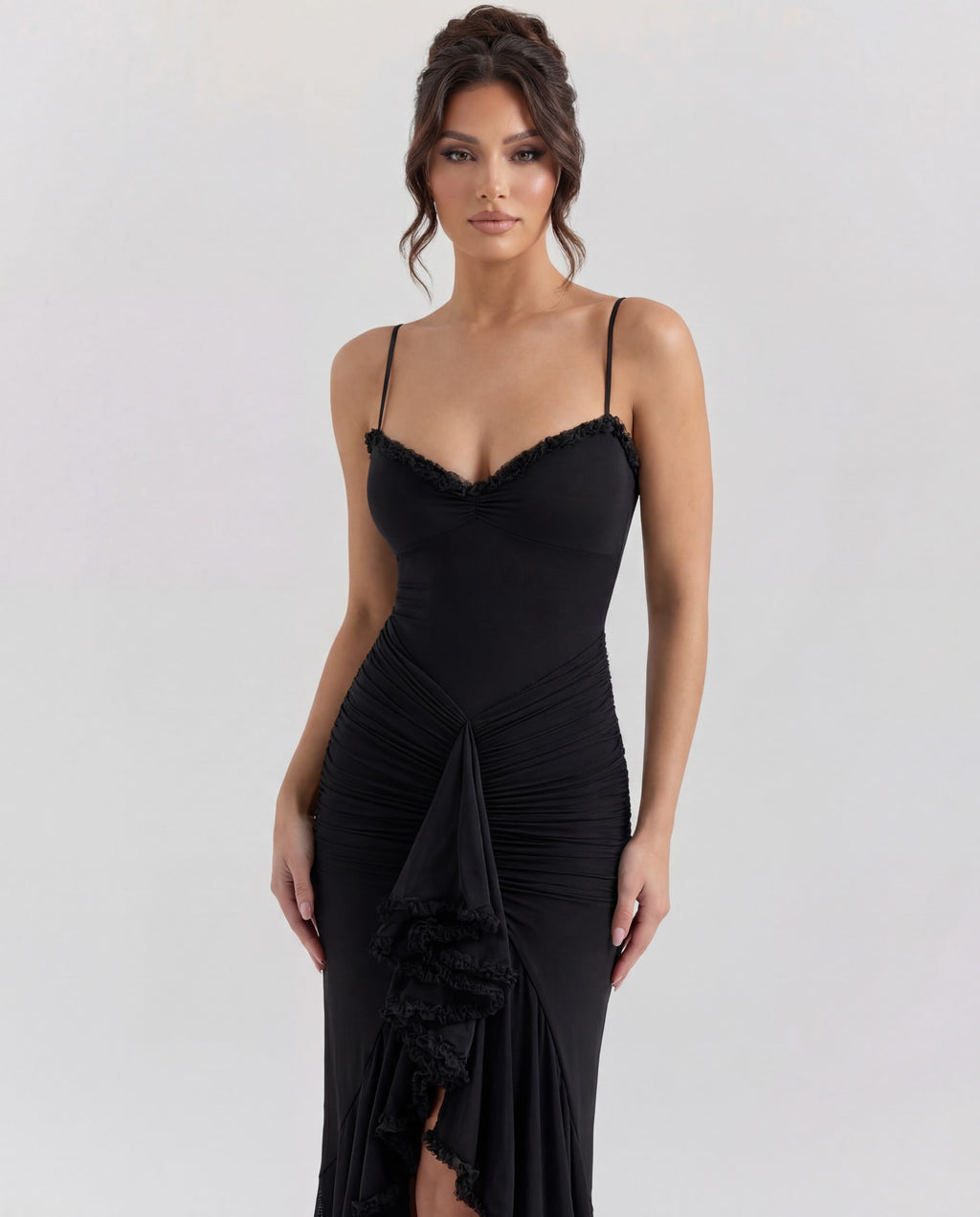 Women's Bodycon Maxi Dress Spaghetti Straps Ruffle Front Style