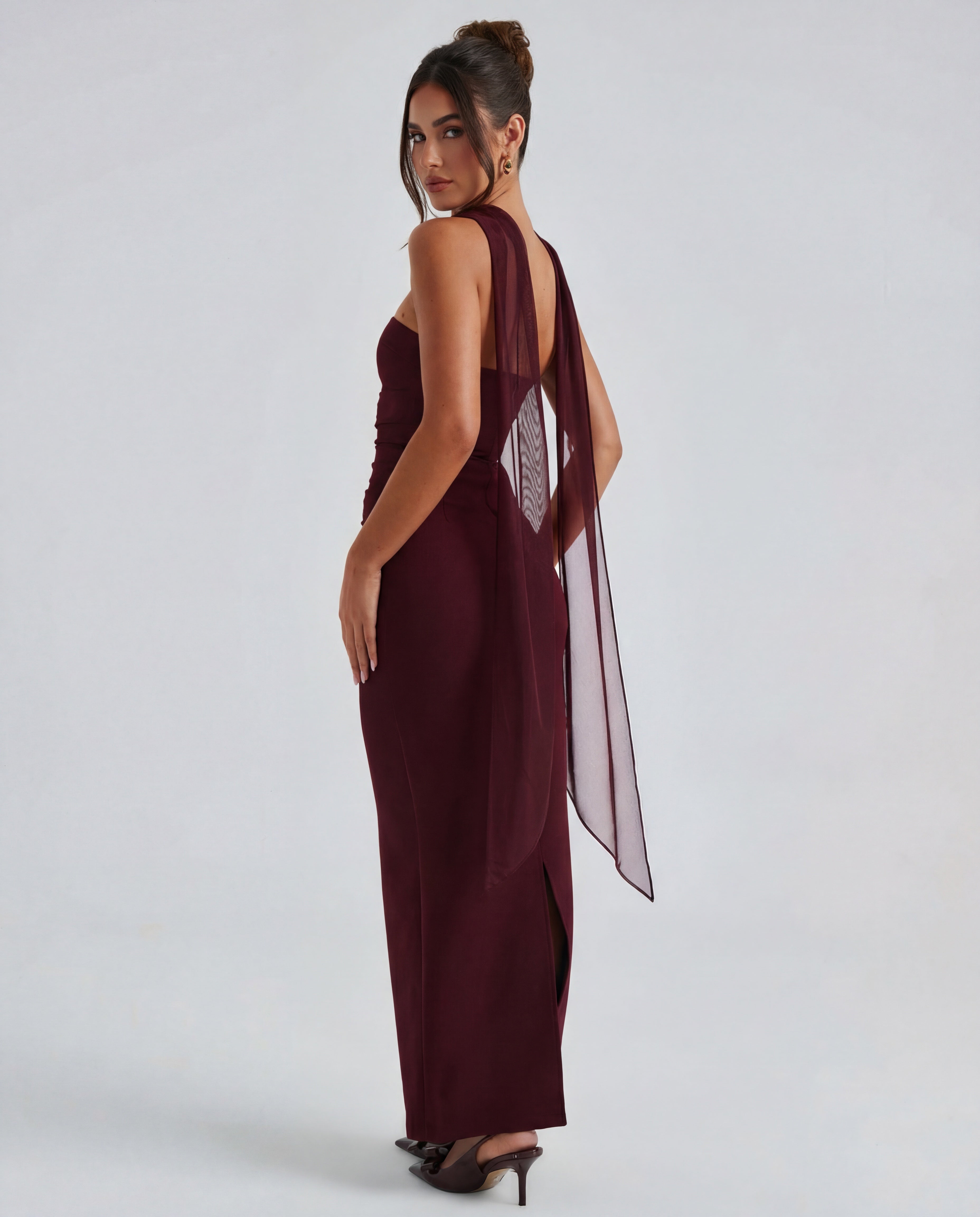 Women's Strapless Bodycon Maxi Dress with Matching Sheer Scarf Detail