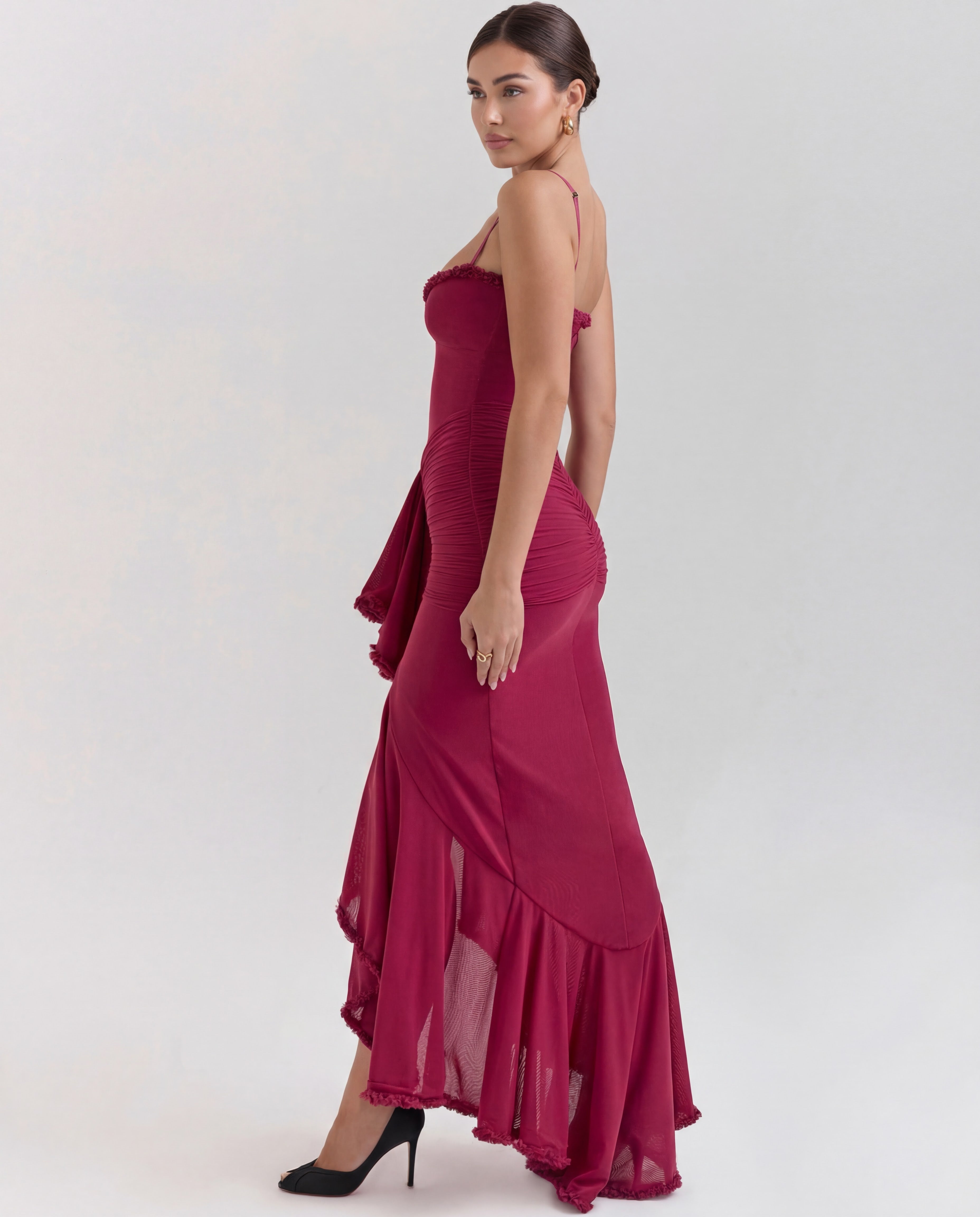 Women's Bodycon Maxi Dress Spaghetti Straps Ruffle Front Style