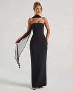 Women's Strapless Bodycon Maxi Dress with Matching Sheer Scarf Detail