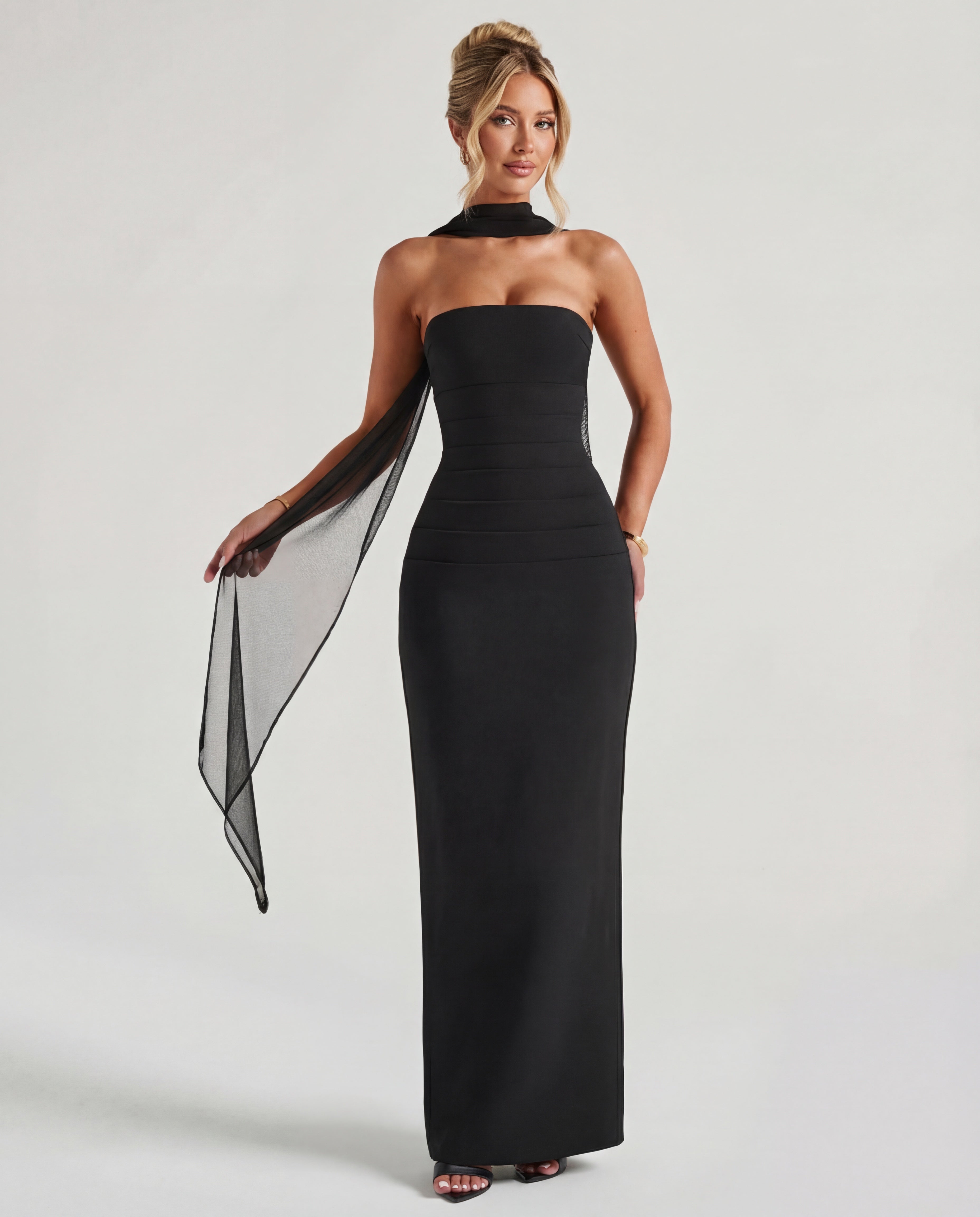 Women's Strapless Bodycon Maxi Dress with Matching Sheer Scarf Detail