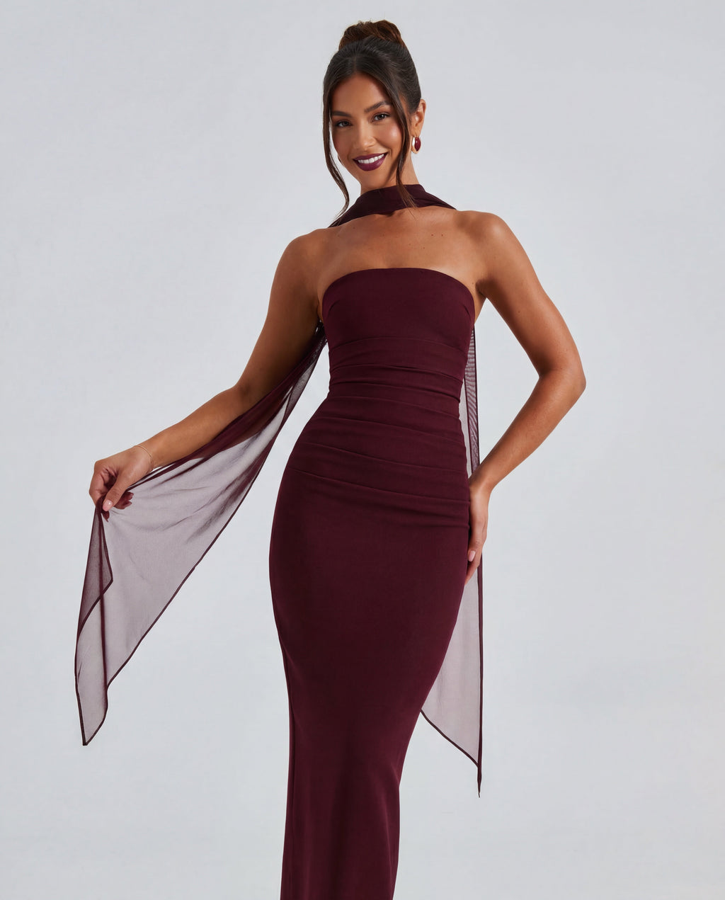 Women's Strapless Bodycon Maxi Dress with Matching Sheer Scarf Detail