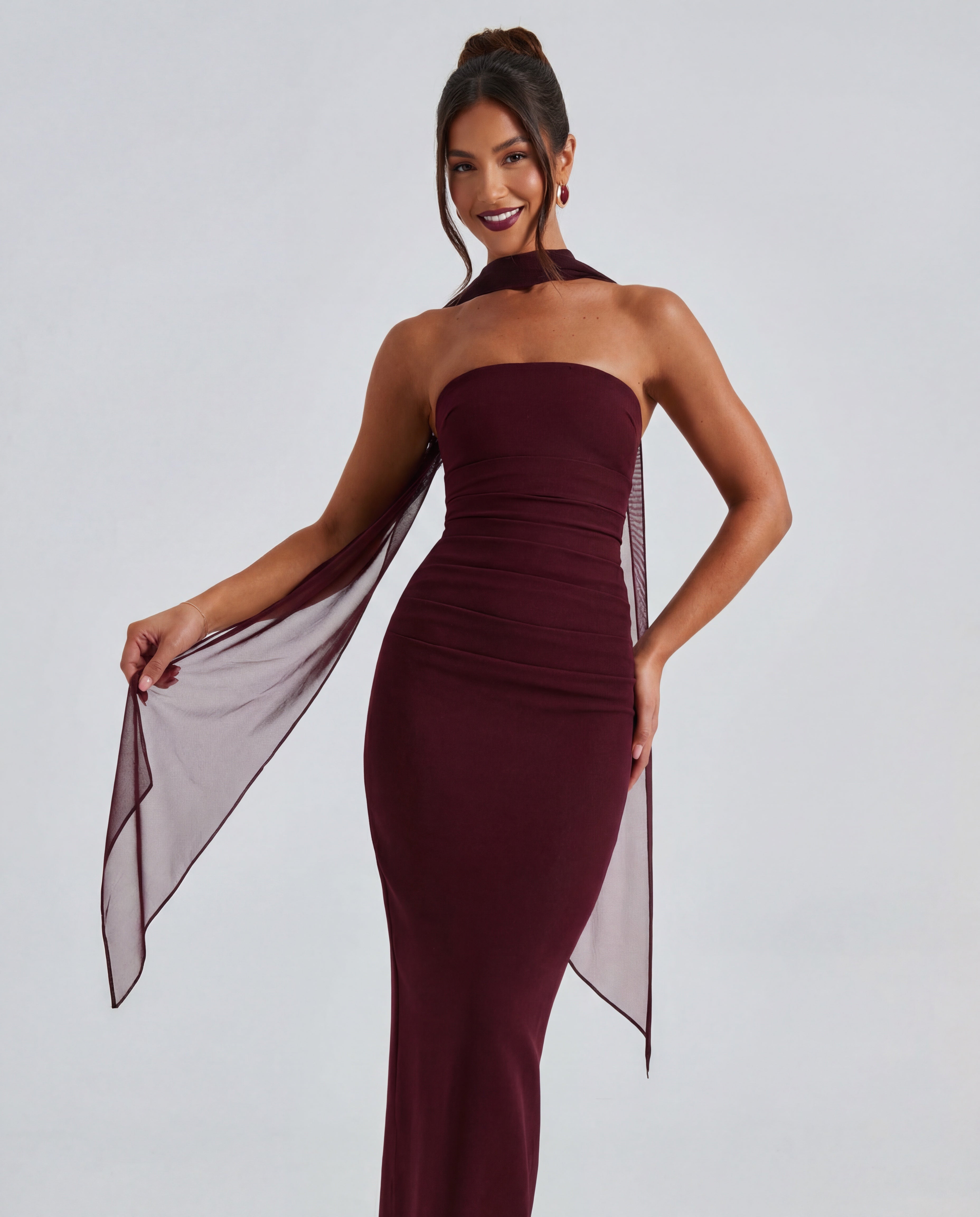 Women's Strapless Bodycon Maxi Dress with Matching Sheer Scarf Detail