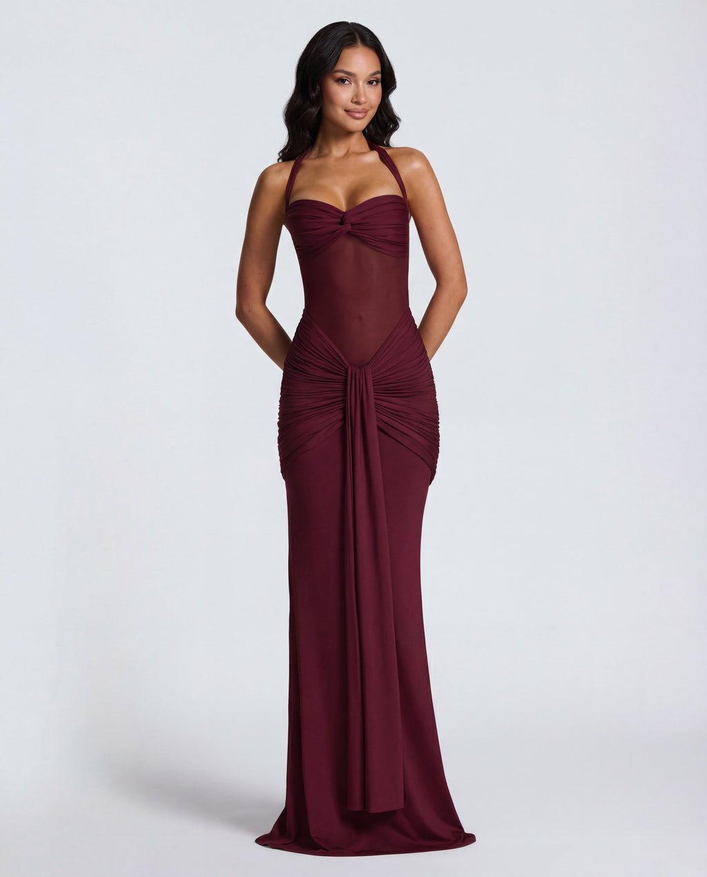 Women's Bodycon Halter Neck Maxi Dress with Sheer Panel Detail