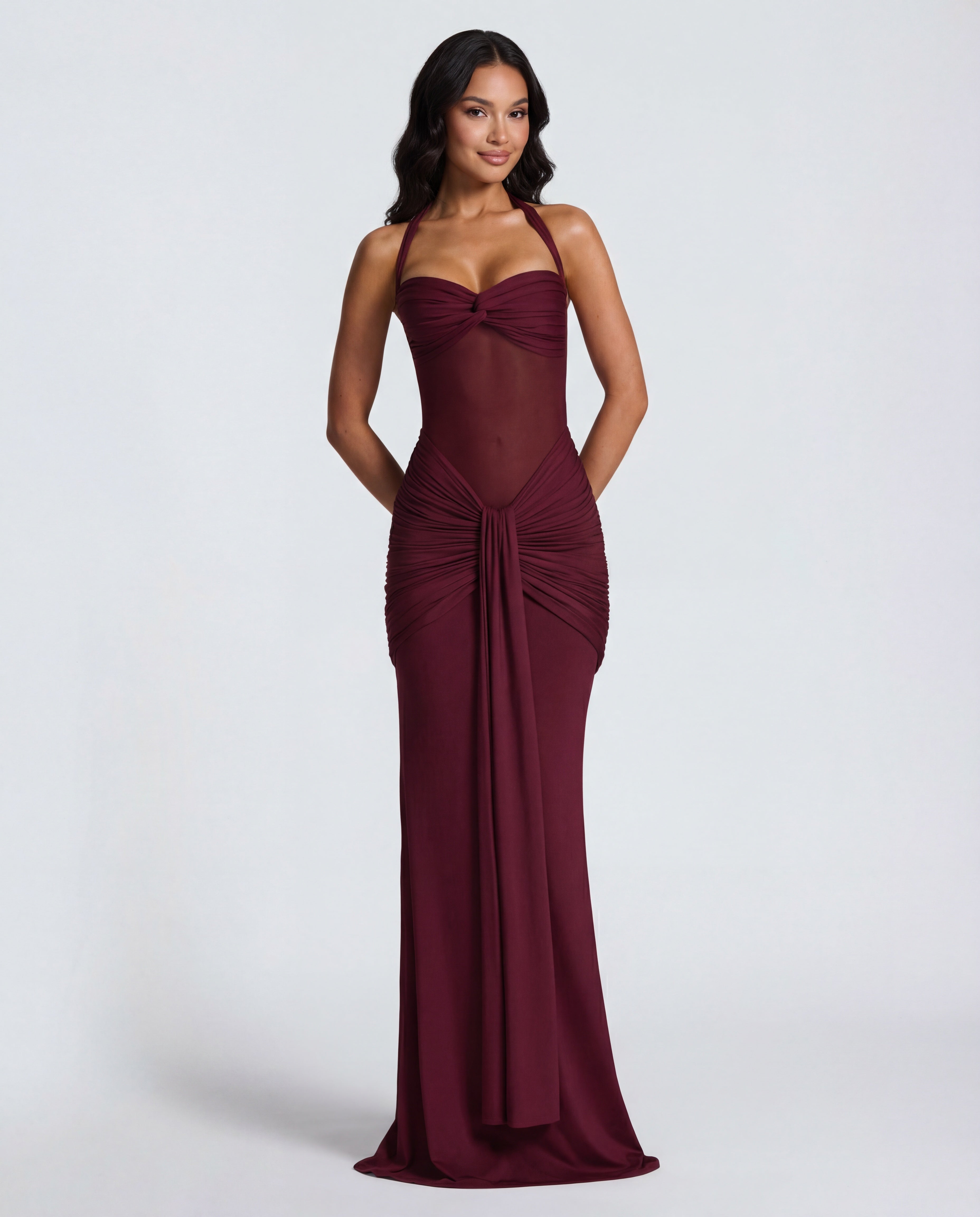 Women's Bodycon Halter Neck Maxi Dress with Sheer Panel Detail