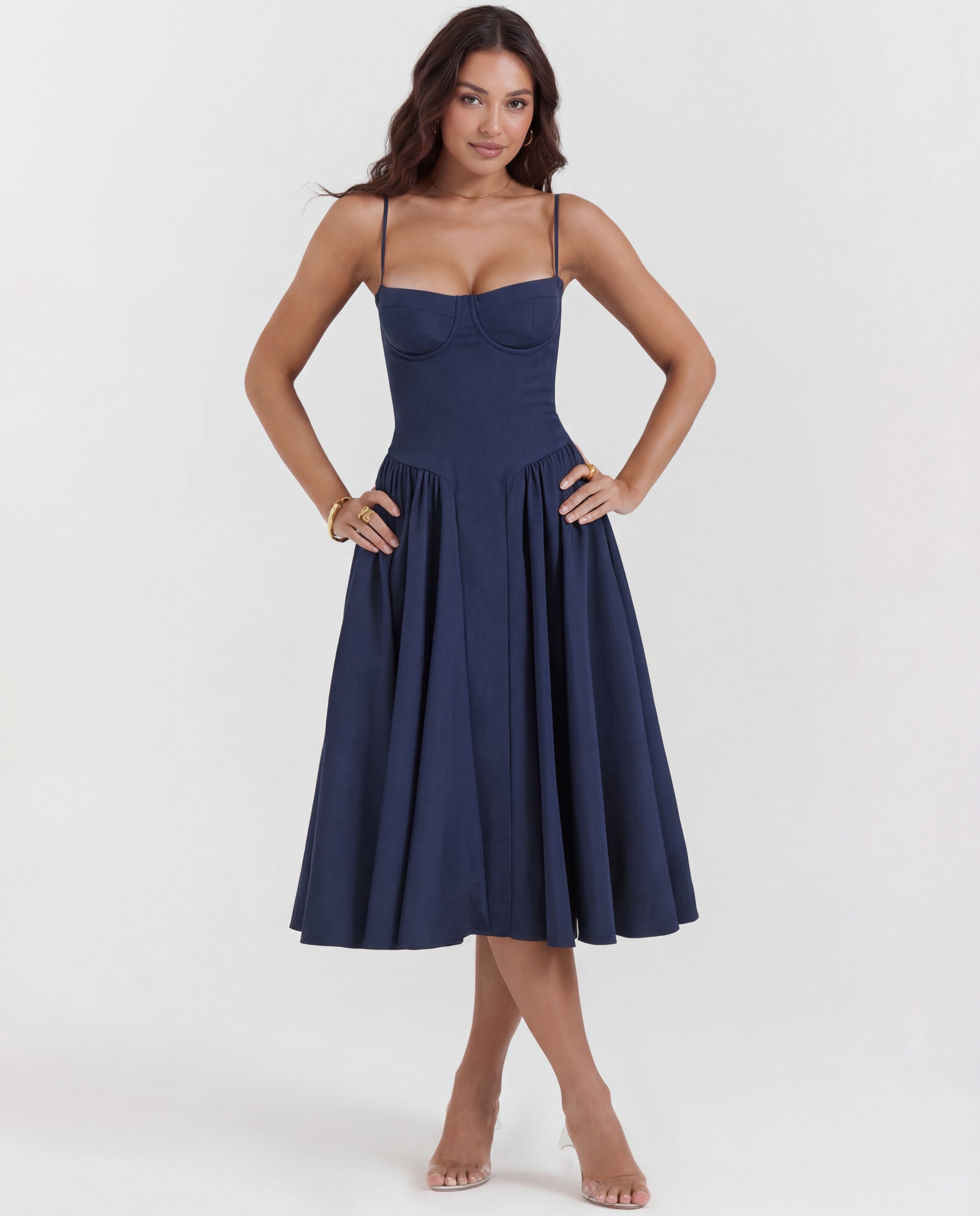 Full Skirt Cami Midi Dress With Straps