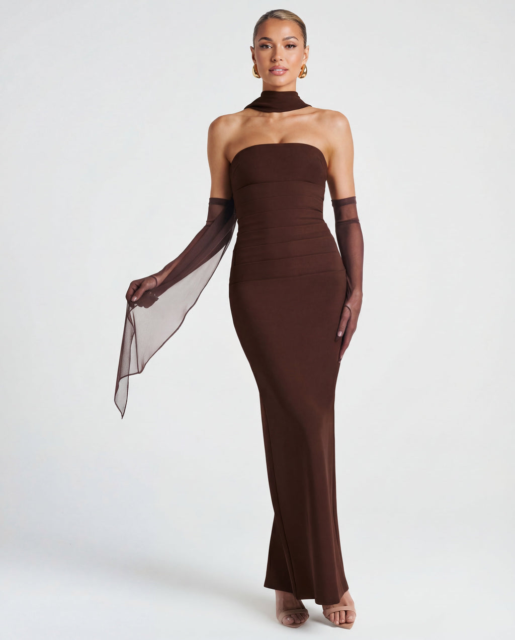 Women's Strapless Bodycon Maxi Dress with Matching Sheer Scarf Detail