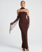 Women's Strapless Bodycon Maxi Dress with Matching Sheer Scarf Detail