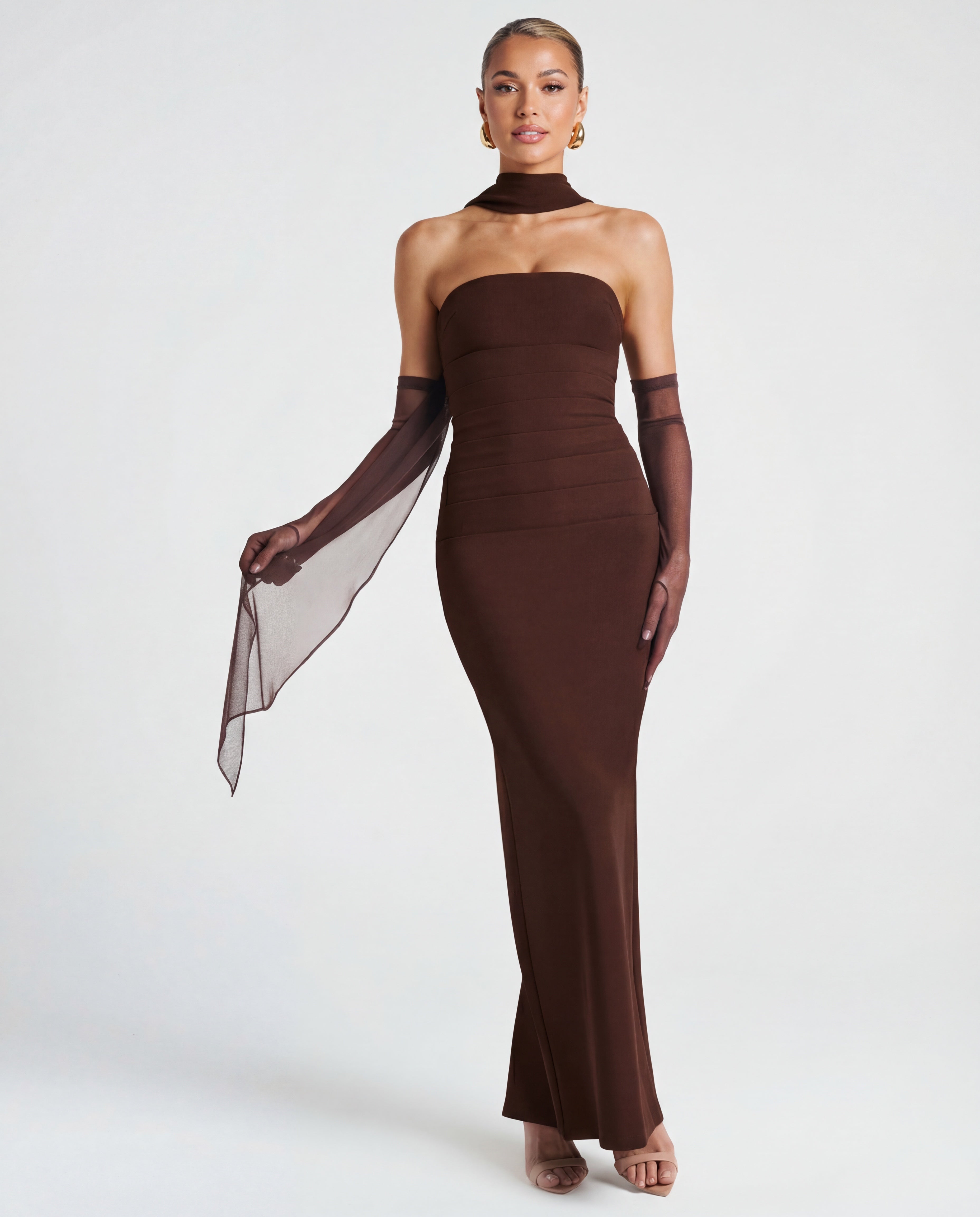 Women's Strapless Bodycon Maxi Dress with Matching Sheer Scarf Detail