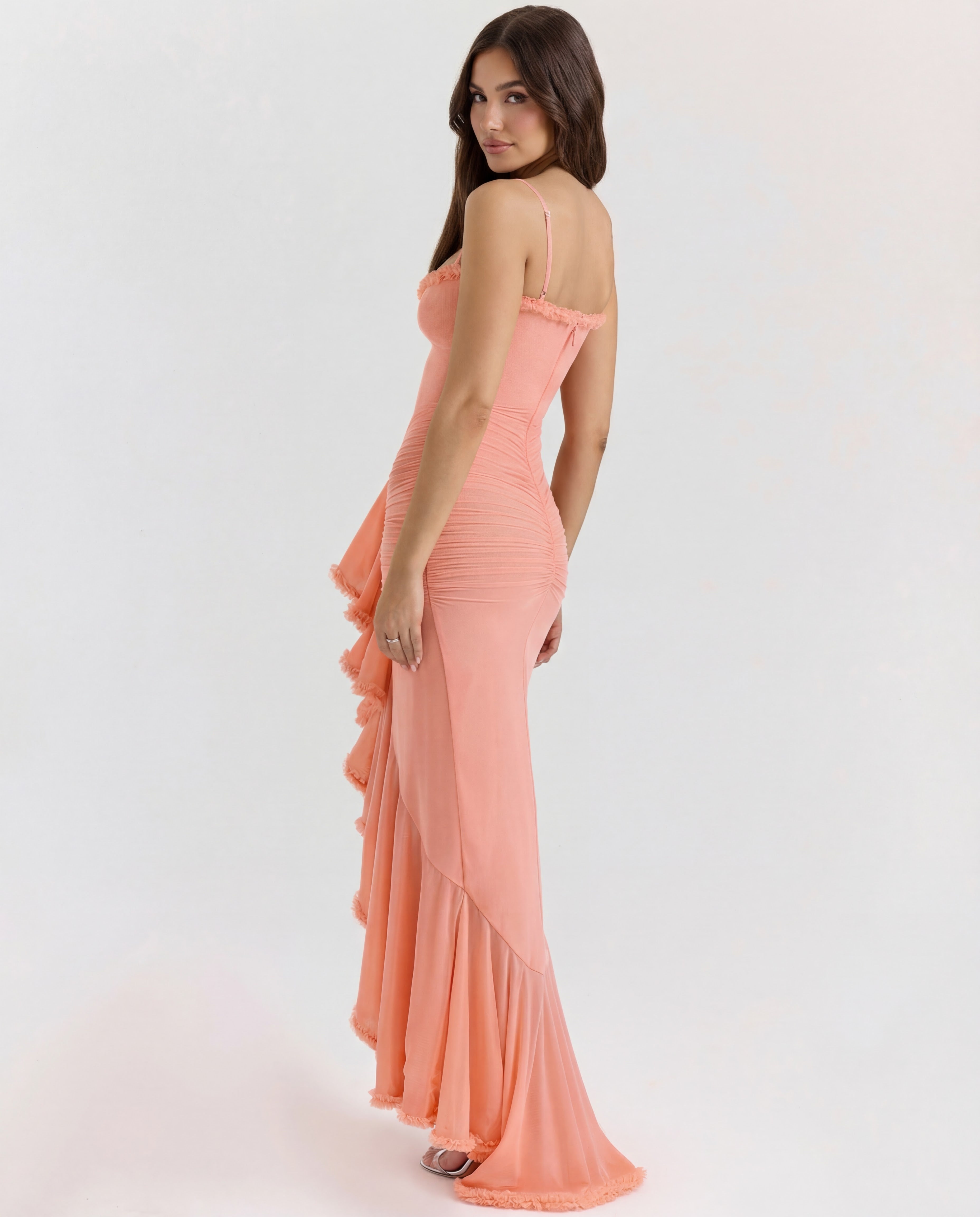 Women's Bodycon Maxi Dress Spaghetti Straps Ruffle Front Style