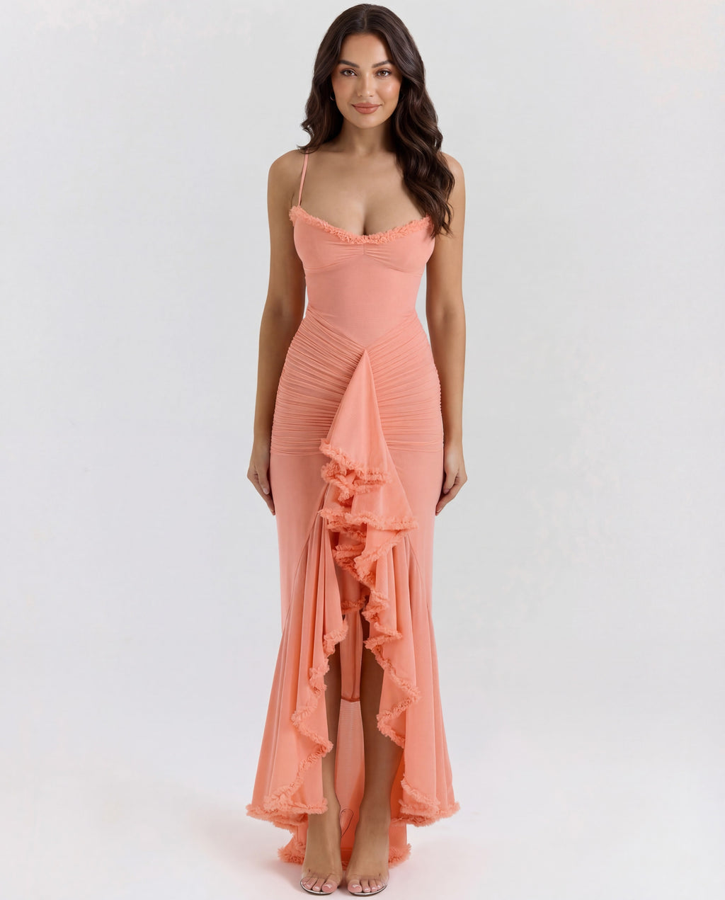 Women's Bodycon Maxi Dress Spaghetti Straps Ruffle Front Style