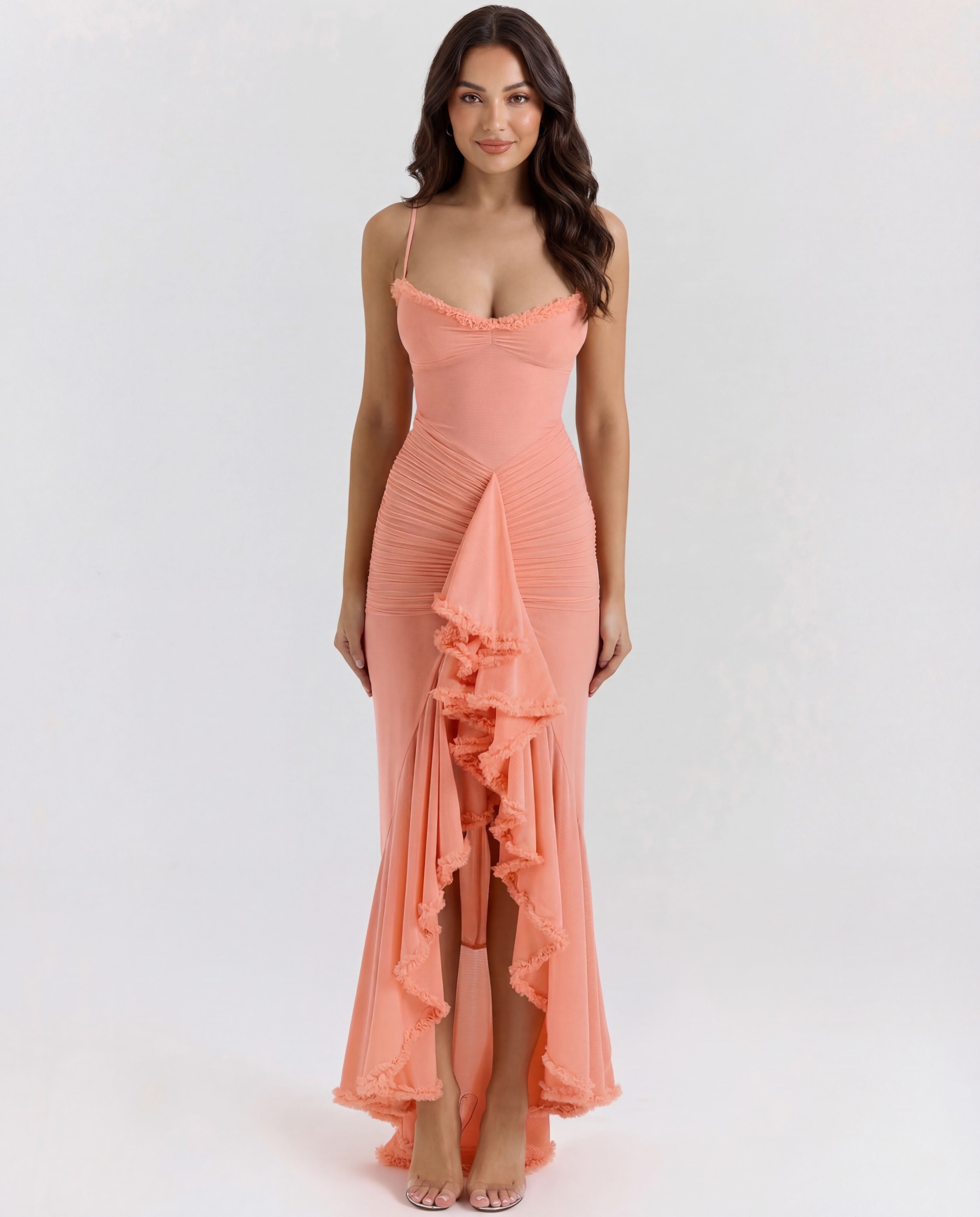 Women's Bodycon Maxi Dress Spaghetti Straps Ruffle Front Style