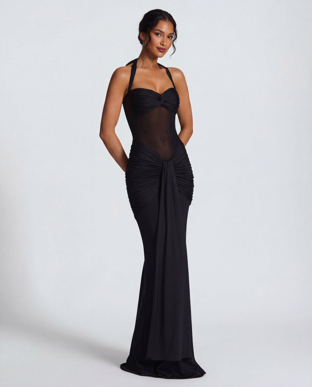 Women's Bodycon Halter Neck Maxi Dress with Sheer Panel Detail