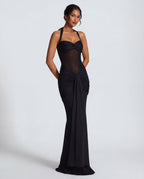 Women's Bodycon Halter Neck Maxi Dress with Sheer Panel Detail