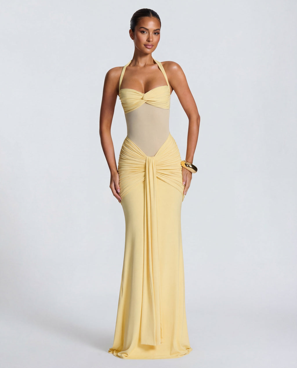 Women's Bodycon Halter Neck Maxi Dress with Sheer Panel Detail