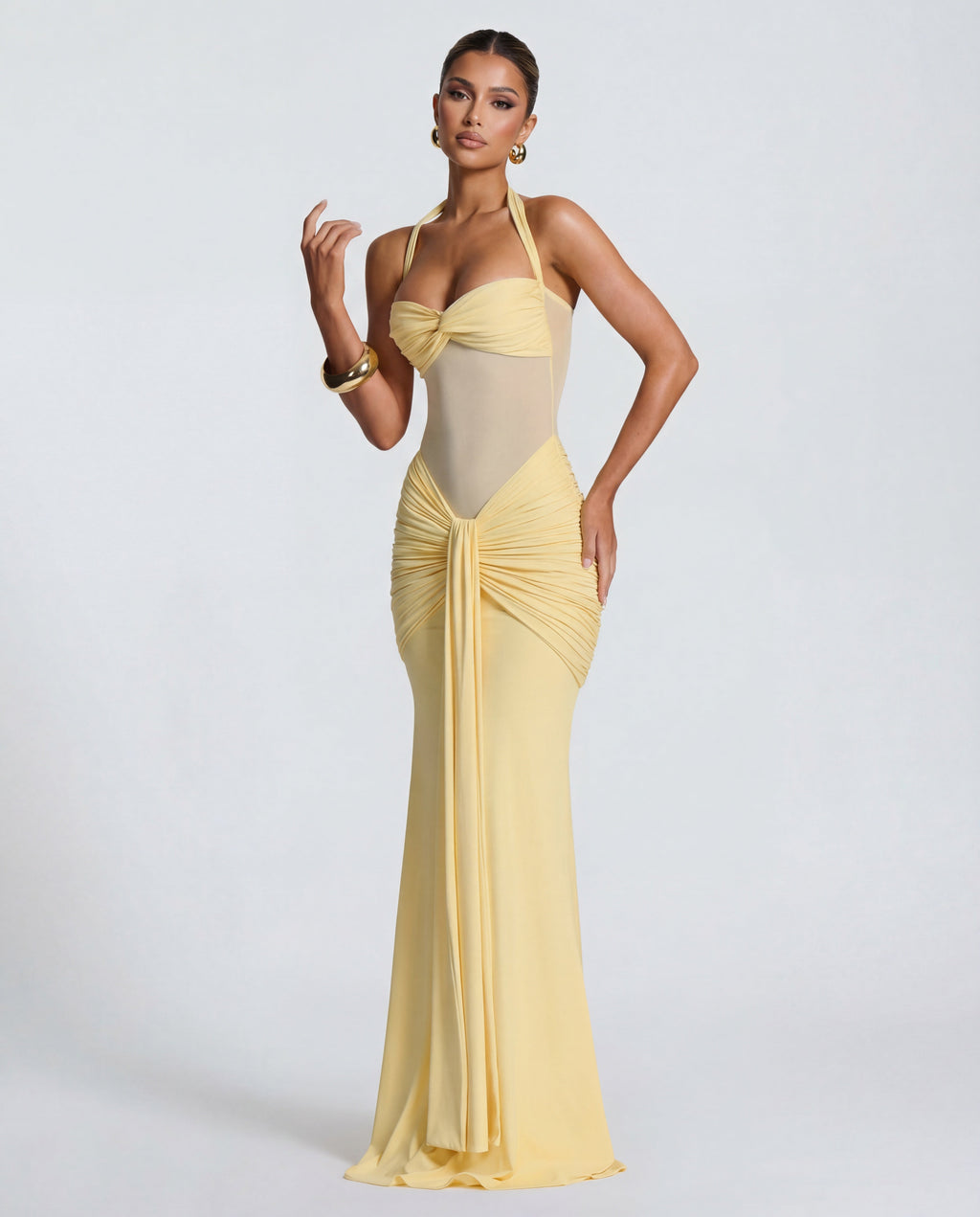 Women's Bodycon Halter Neck Maxi Dress with Sheer Panel Detail