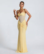 Women's Bodycon Halter Neck Maxi Dress with Sheer Panel Detail