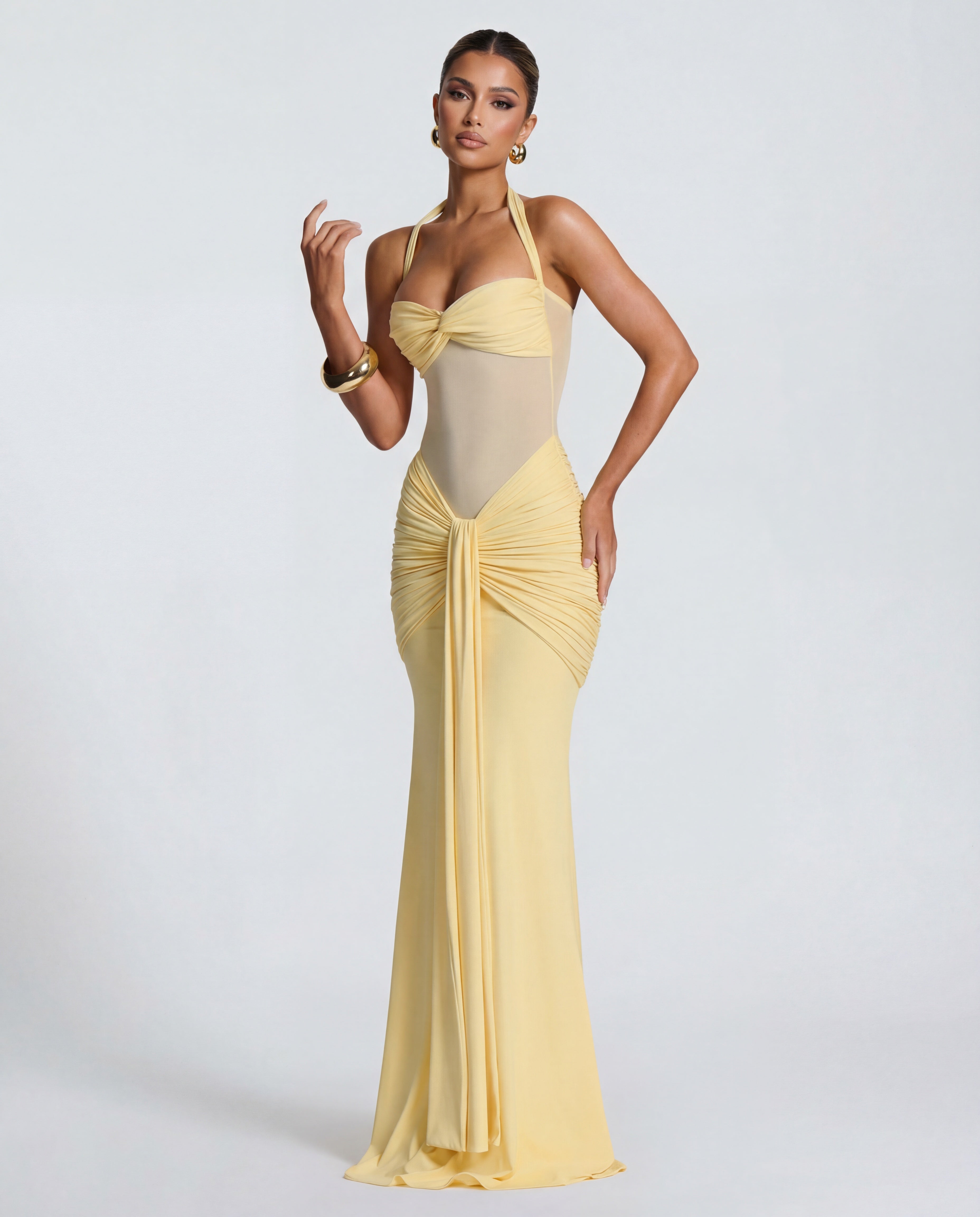 Women's Bodycon Halter Neck Maxi Dress with Sheer Panel Detail