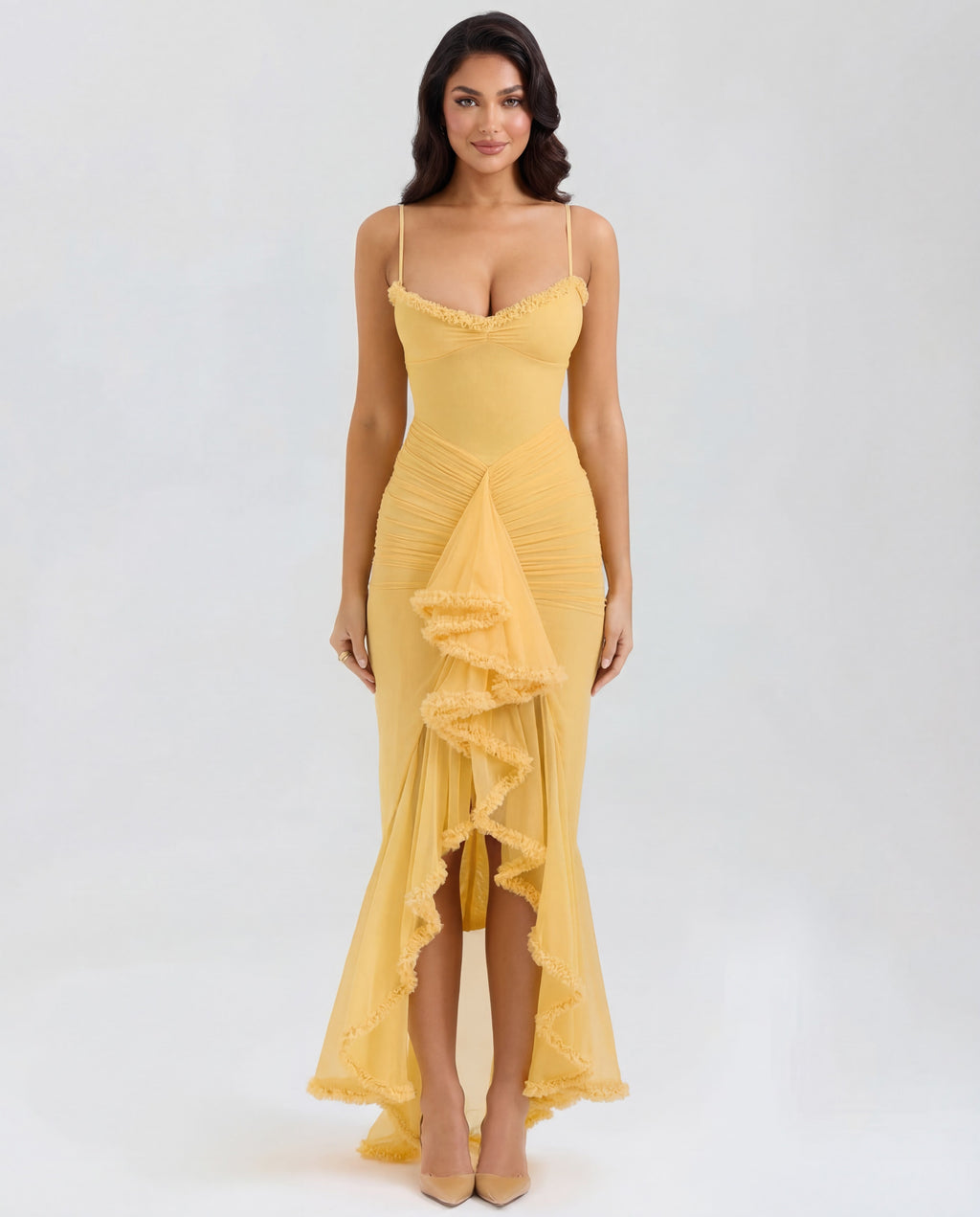 Women's Bodycon Maxi Dress Spaghetti Straps Ruffle Front Style
