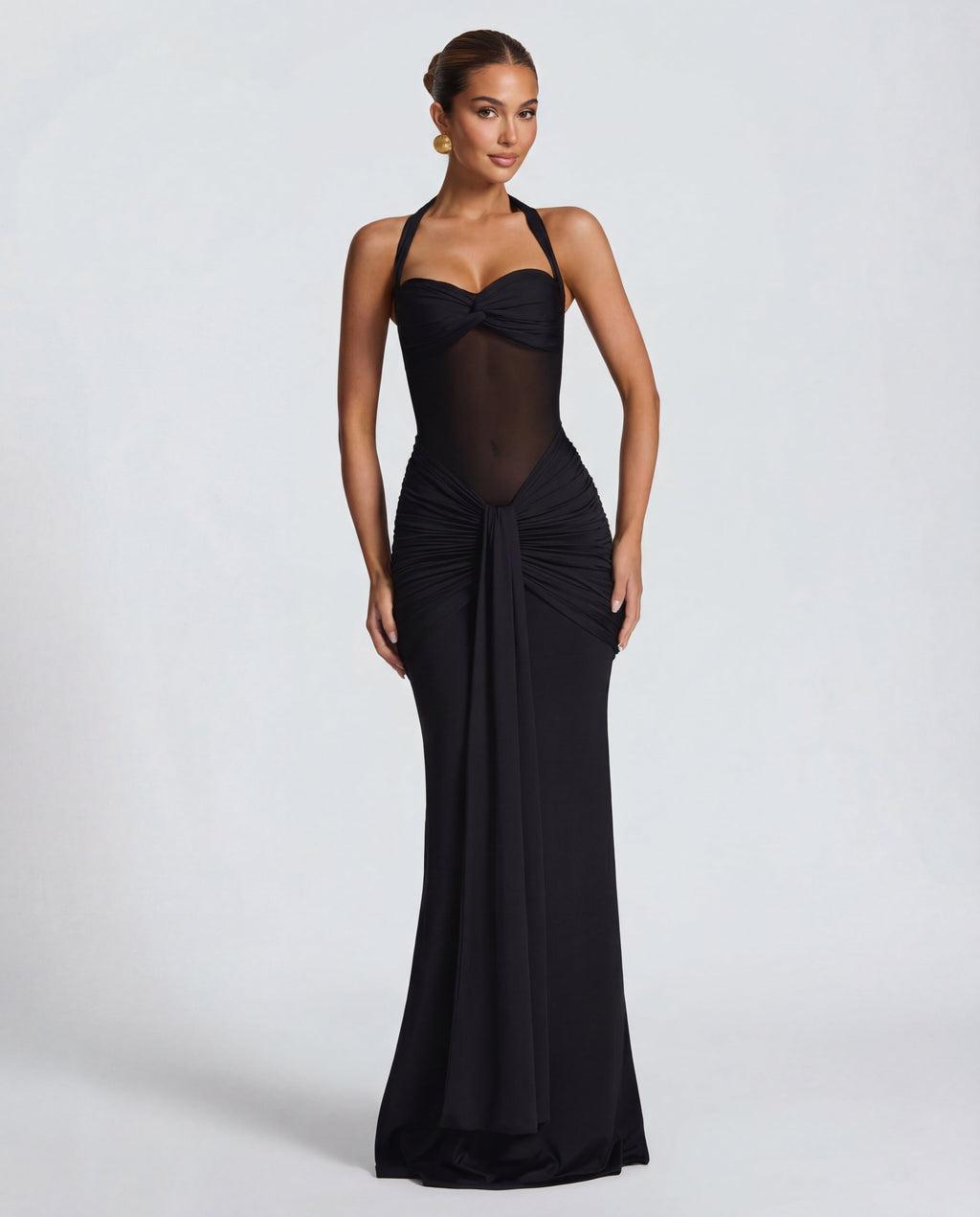 Women's Bodycon Halter Neck Maxi Dress with Sheer Panel Detail