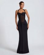 Women's Bodycon Halter Neck Maxi Dress with Sheer Panel Detail