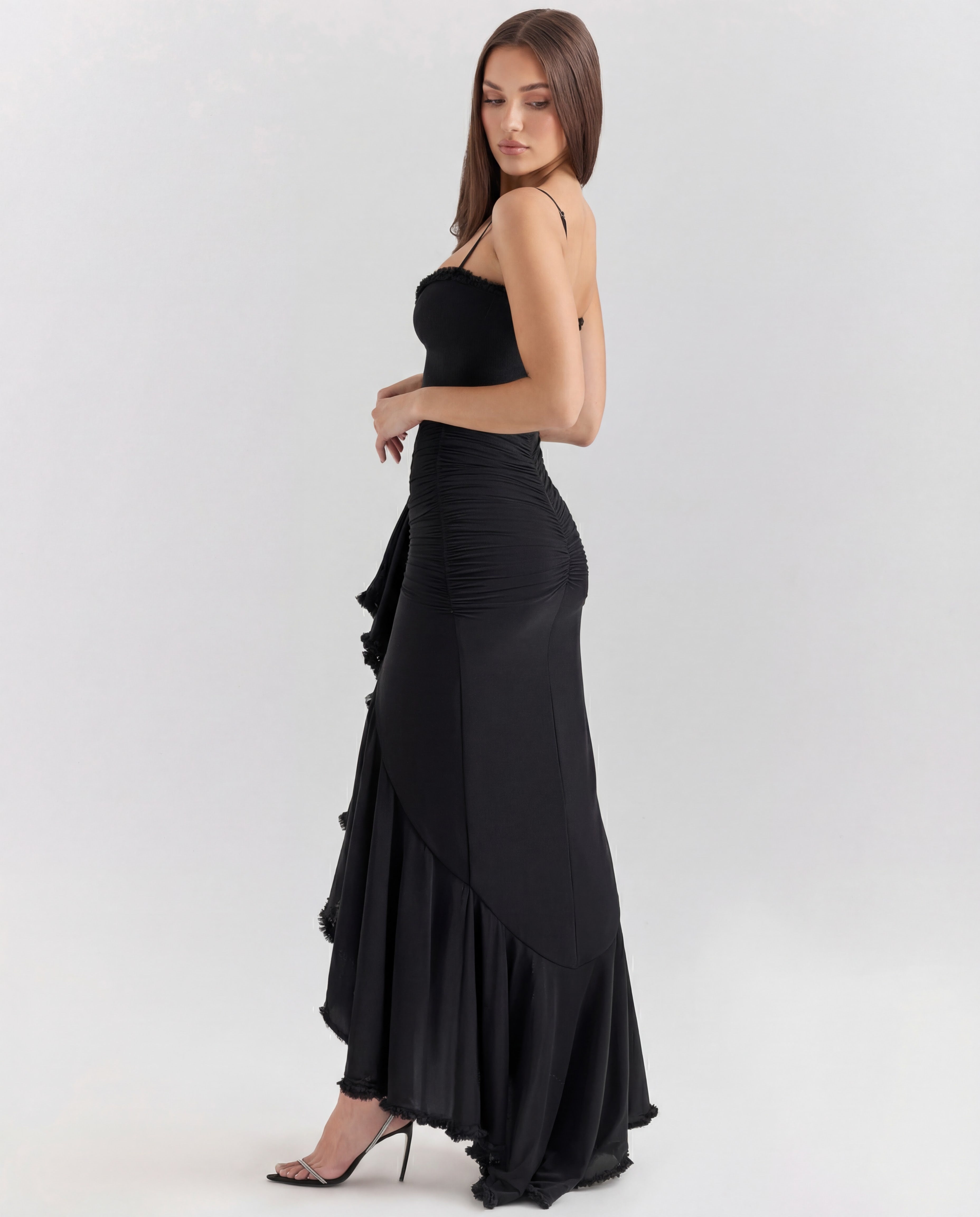 Women's Bodycon Maxi Dress Spaghetti Straps Ruffle Front Style