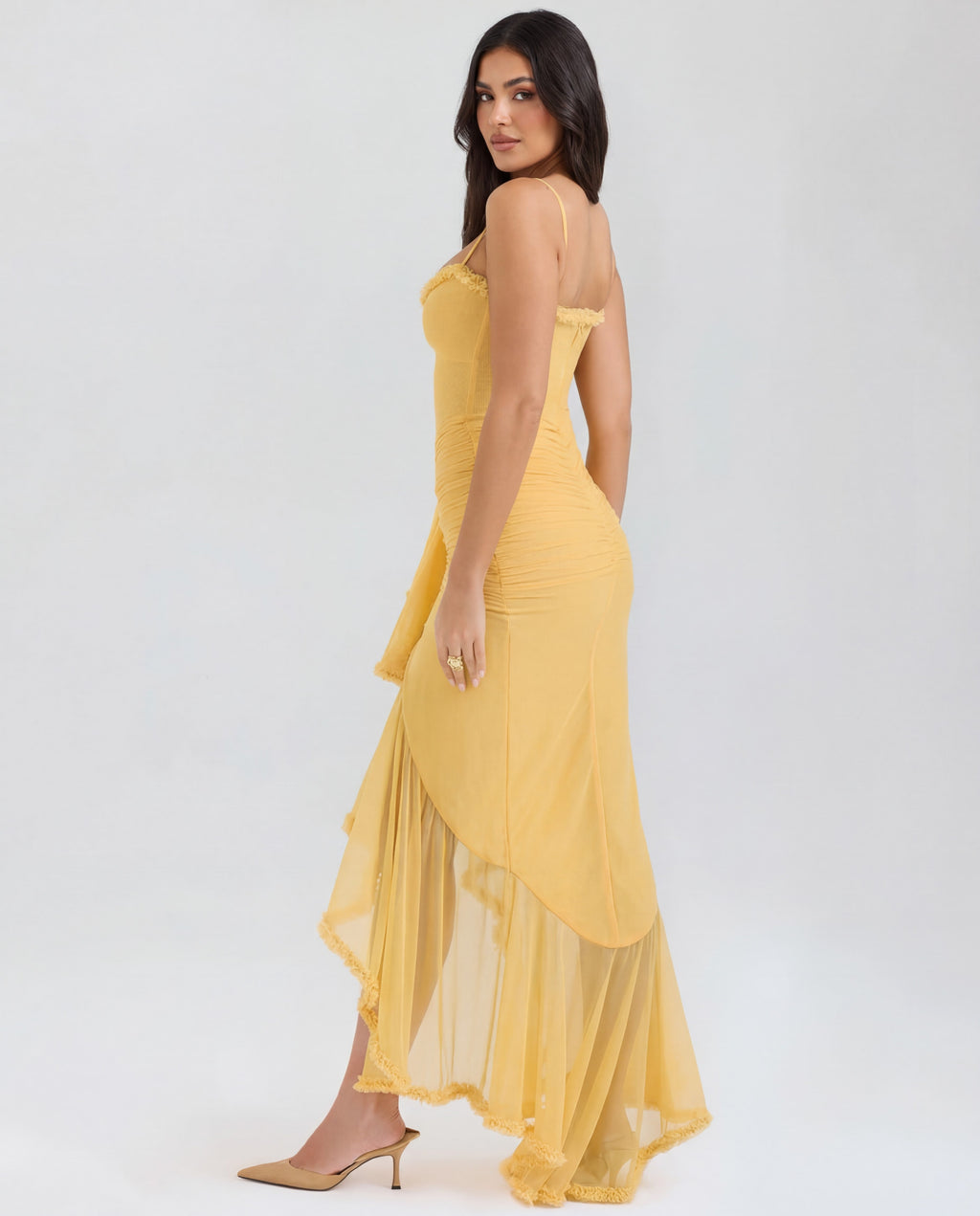 Women's Bodycon Maxi Dress Spaghetti Straps Ruffle Front Style