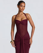 Women's Bodycon Halter Neck Maxi Dress with Sheer Panel Detail