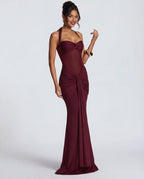 Women's Bodycon Halter Neck Maxi Dress with Sheer Panel Detail
